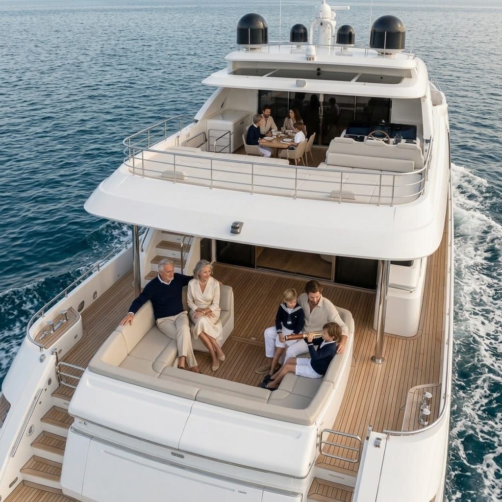 Familie an Bord einer Motoryacht auf dem Achterdeck bei einer privaten Ausfahrt