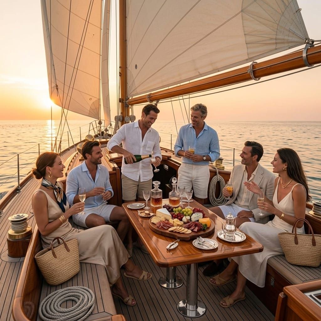 Gäste beim Apéritif an Deck, Champagner und kleine Köstlichkeiten im Abendlicht