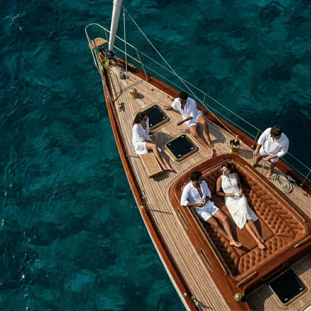 Gäste entspannen an Deck einer Segelyacht vor Anker über türkisem Wasser