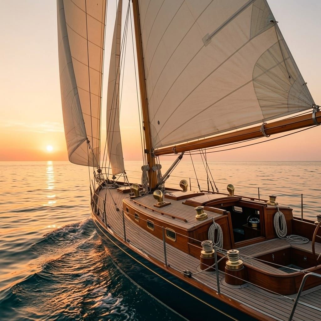Segelyacht unter vollen Segeln im Licht der untergehenden Sonne