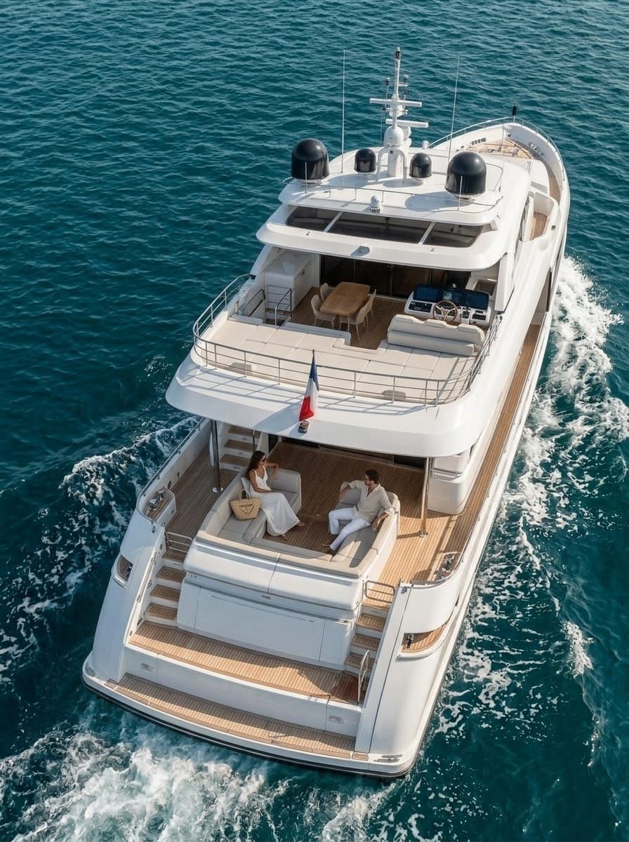 Paar auf dem Achterdeck einer Motoryacht bei einer privaten Ausfahrt
