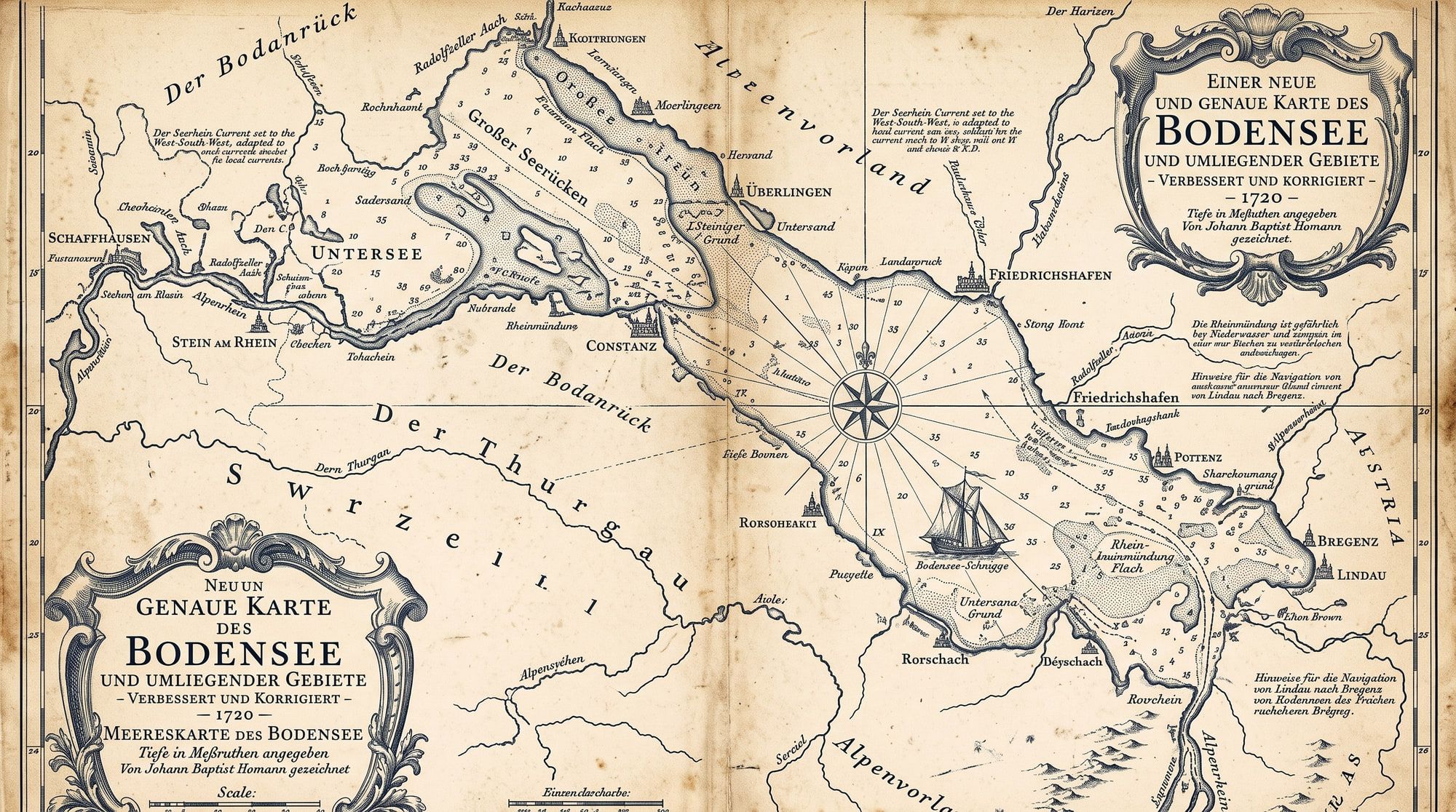 Historische Seekarte des Bodensees mit Konstanz, Überlingen, Friedrichshafen und Bregenz