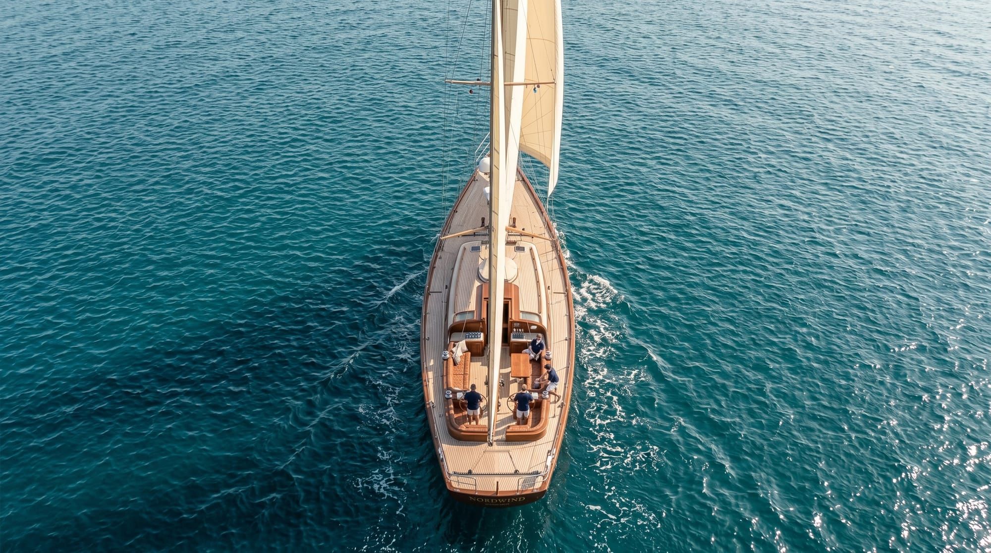 Die Segelyacht Nordwind von oben, unter Segeln auf offenem Wasser
