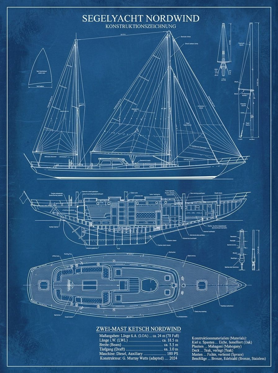Konstruktionszeichnung der Segelyacht Nordwind mit Riss, Seitenansicht und Decksplan