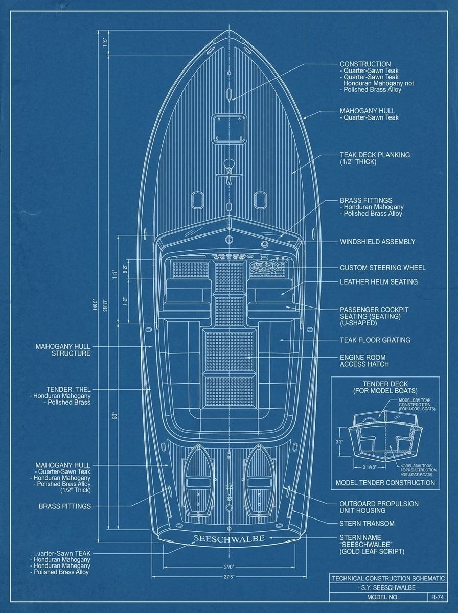 Konstruktionszeichnung der Seeschwalbe mit Decksplan und Ausstattungsdetails