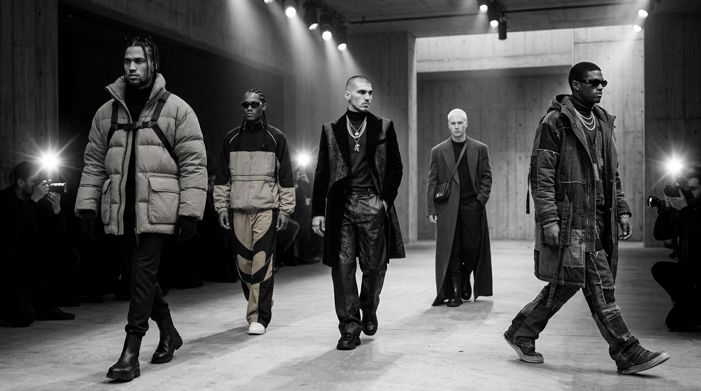 Models crossing the floor mid-show as photographers fire from the pit