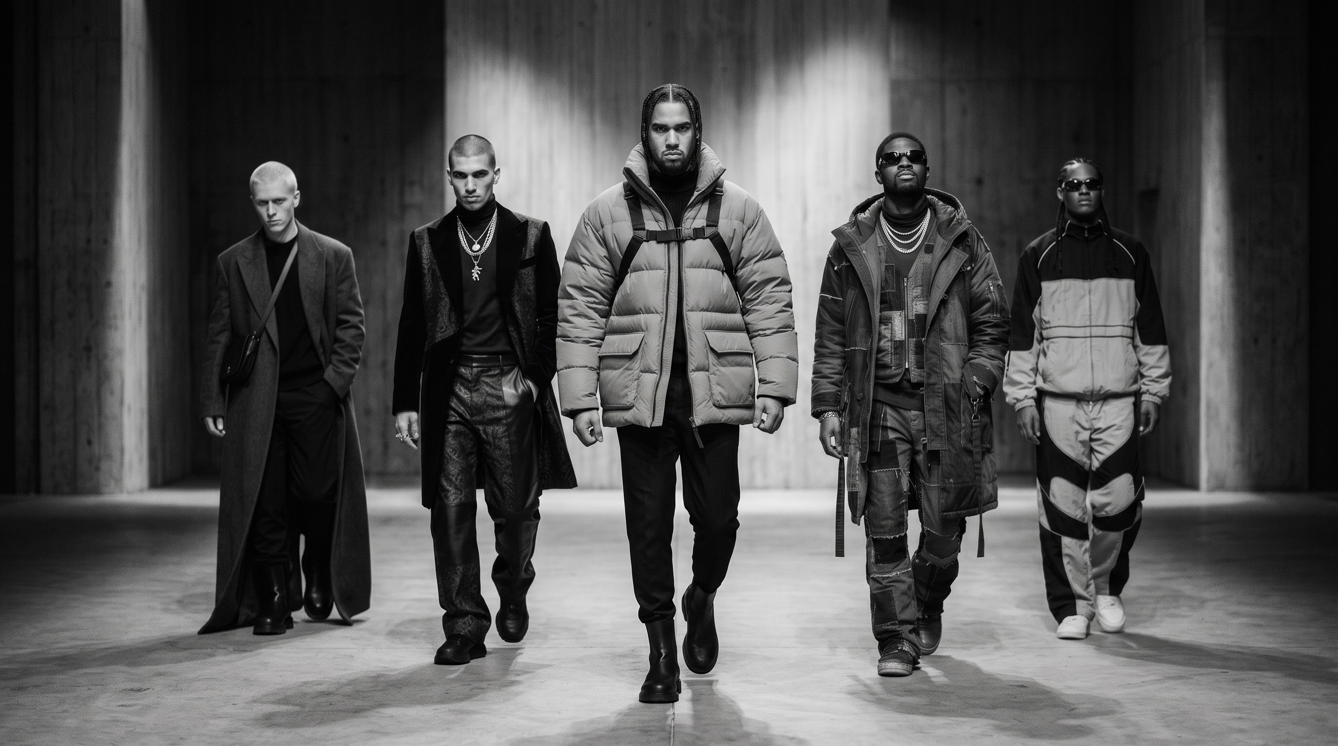 Five models walking abreast toward the camera down a concrete hall