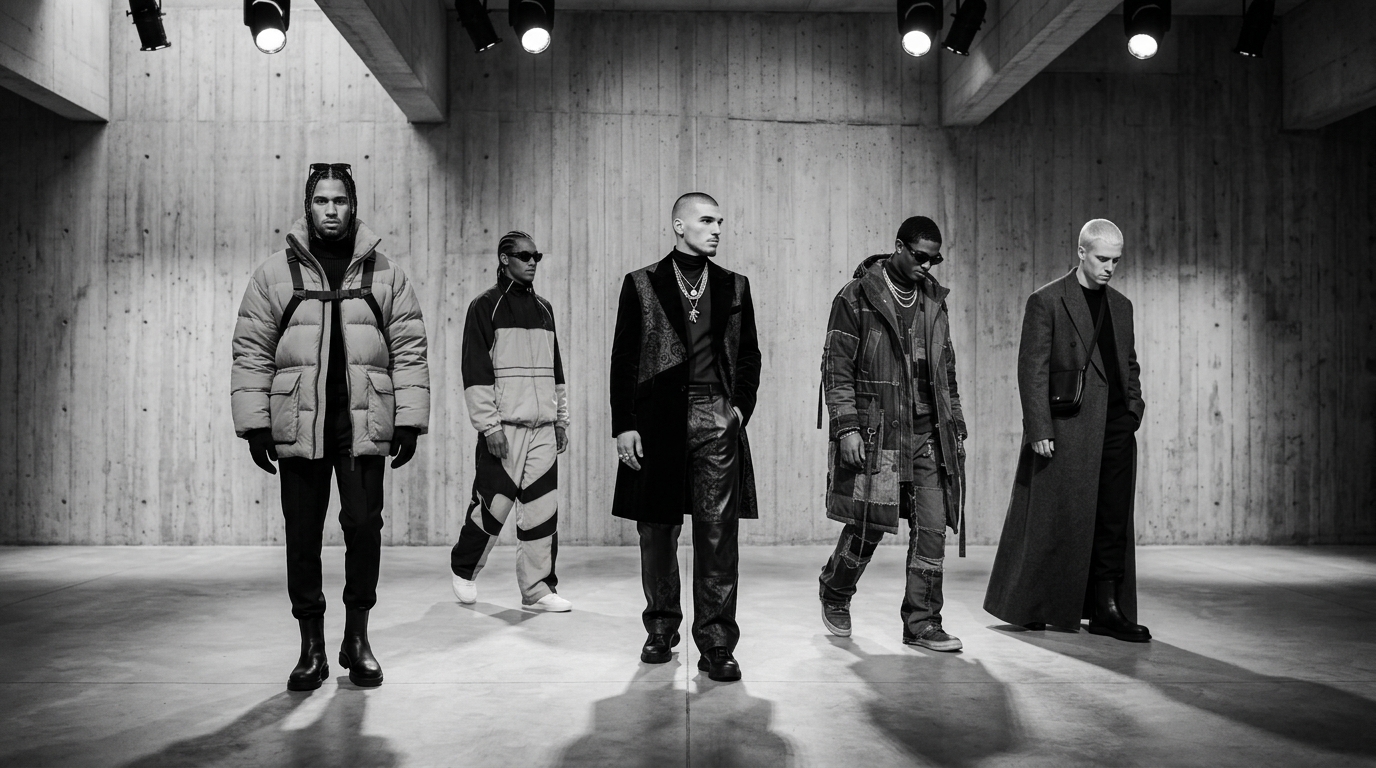 Five models spread across a lit concrete hall under overhead spots