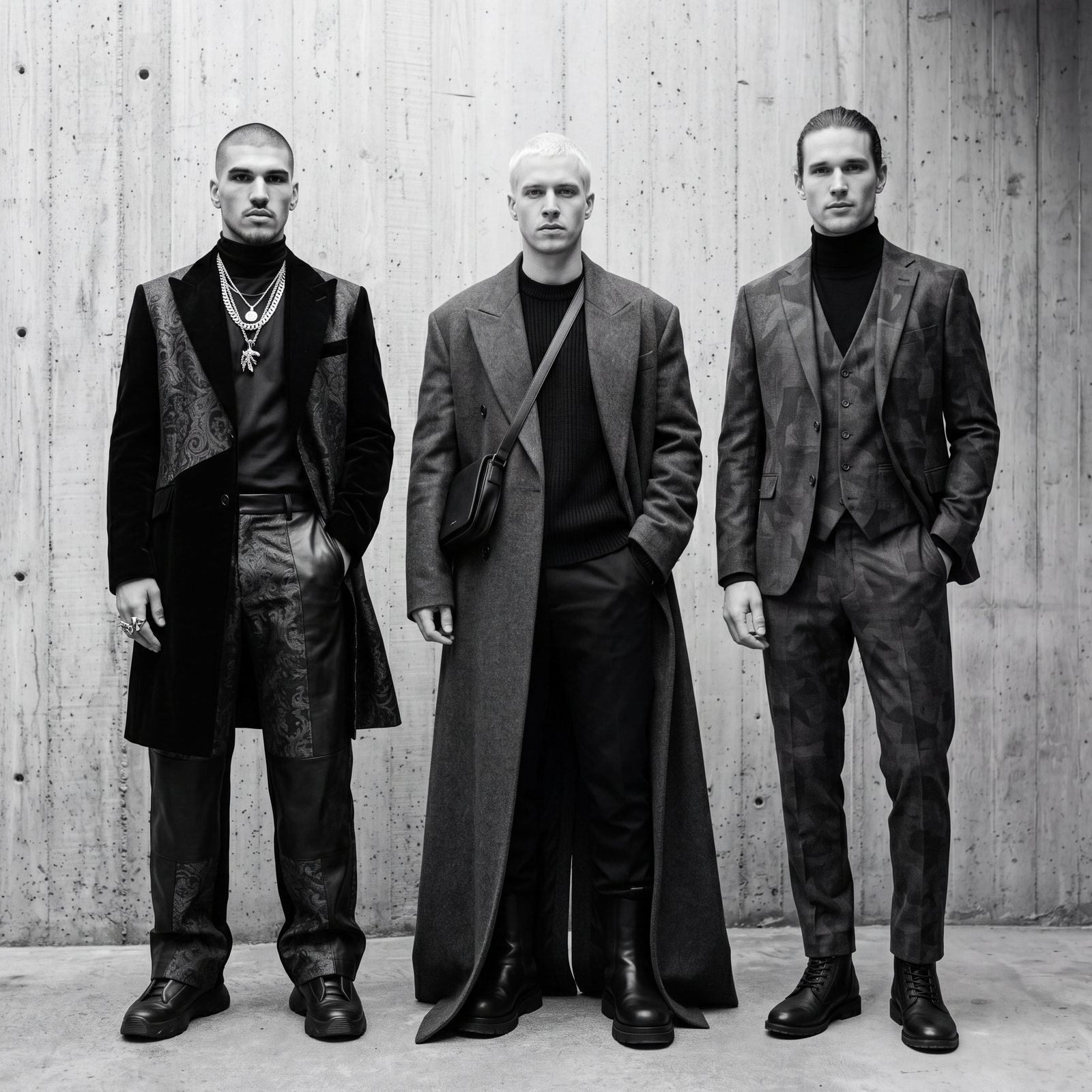 Three models standing abreast against a concrete wall, in coats and tailoring
