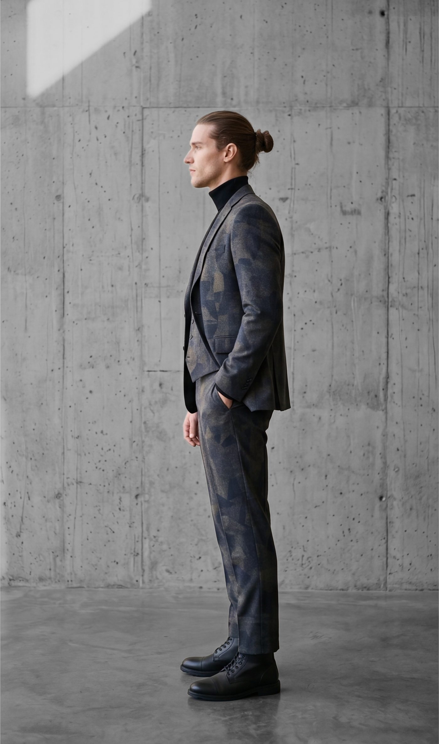 The suit in profile, waistcoat and jacket line visible