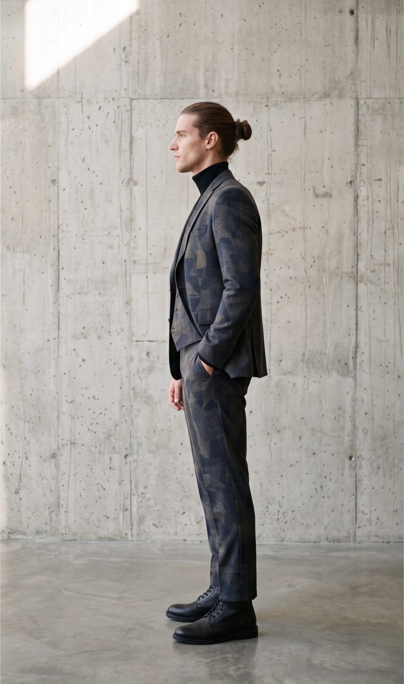 The suit in profile, waistcoat and jacket line visible