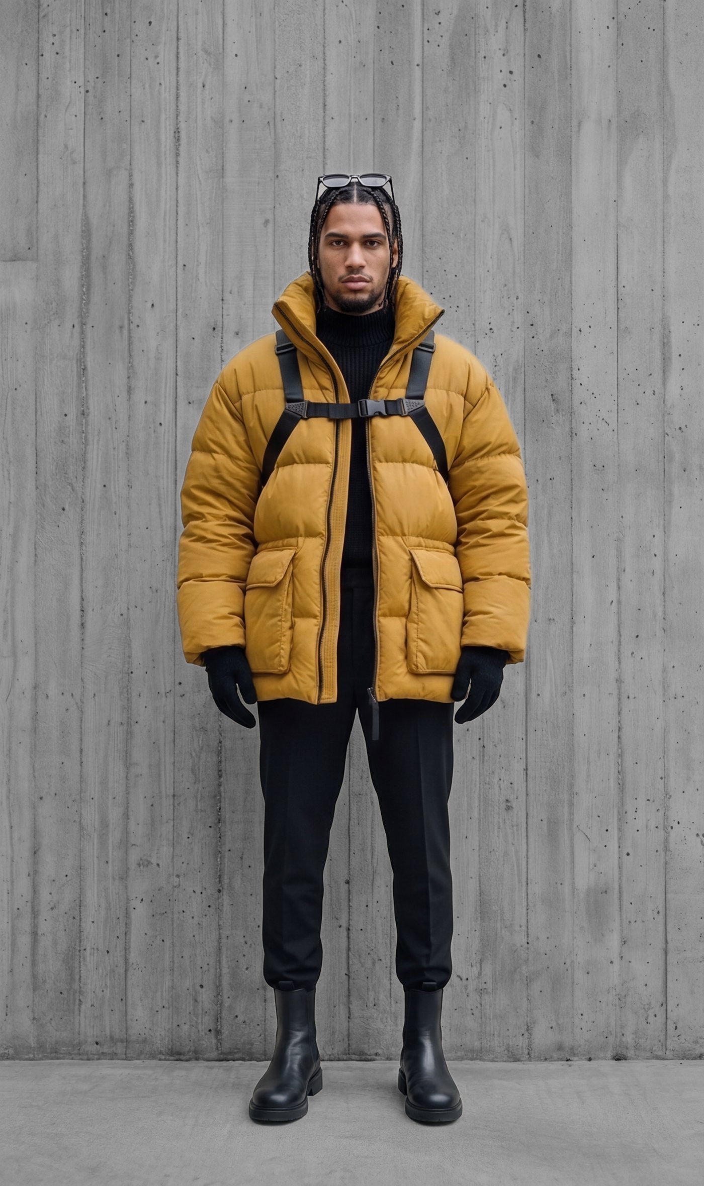 Ochre down jacket with a black harness buckled across the chest
