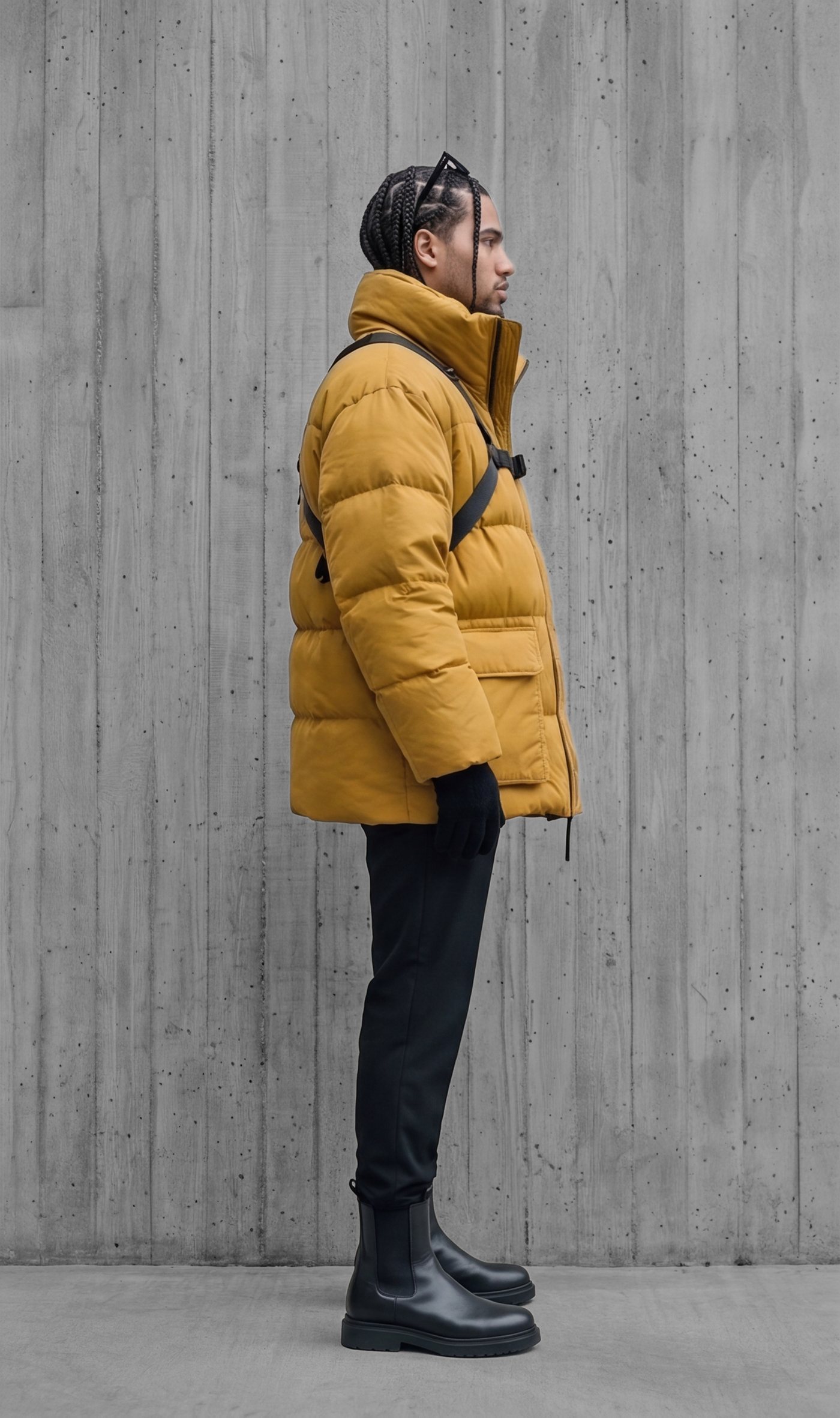 The jacket in profile, collar standing and harness tracking the shoulder
