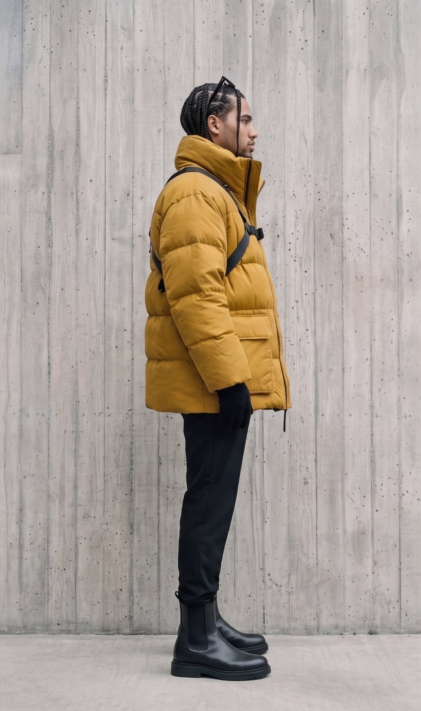 The jacket in profile, collar standing and harness tracking the shoulder