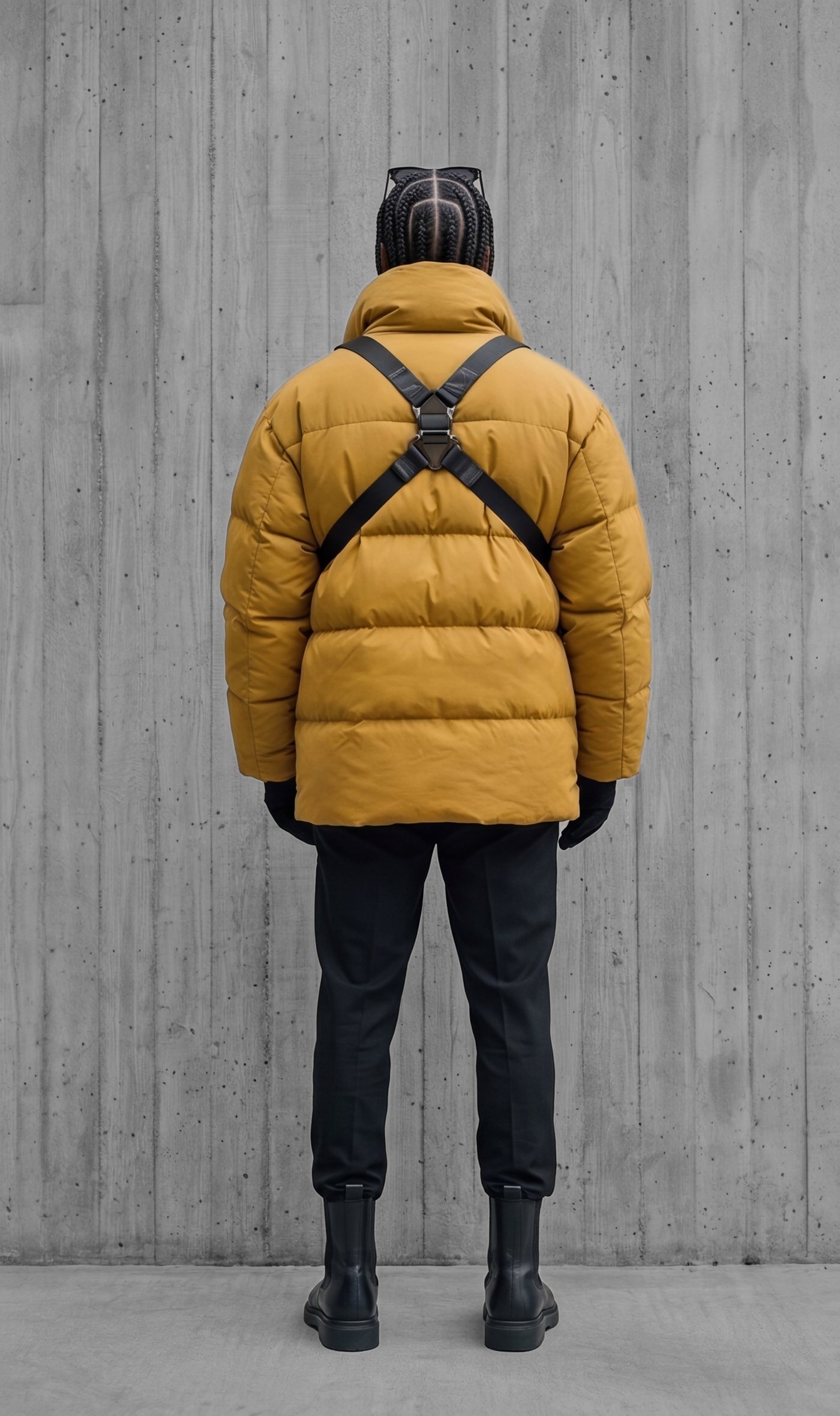 The jacket from behind, the harness crossing the back panel