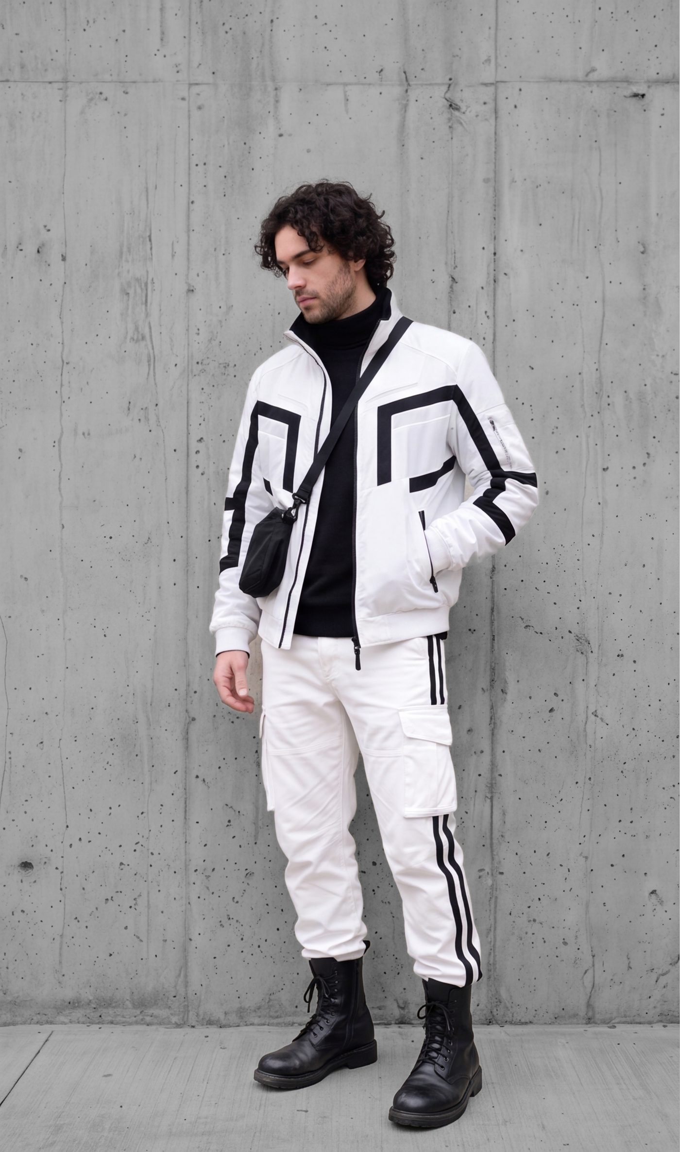 White technical bomber with black taped lines, worn with white cargos