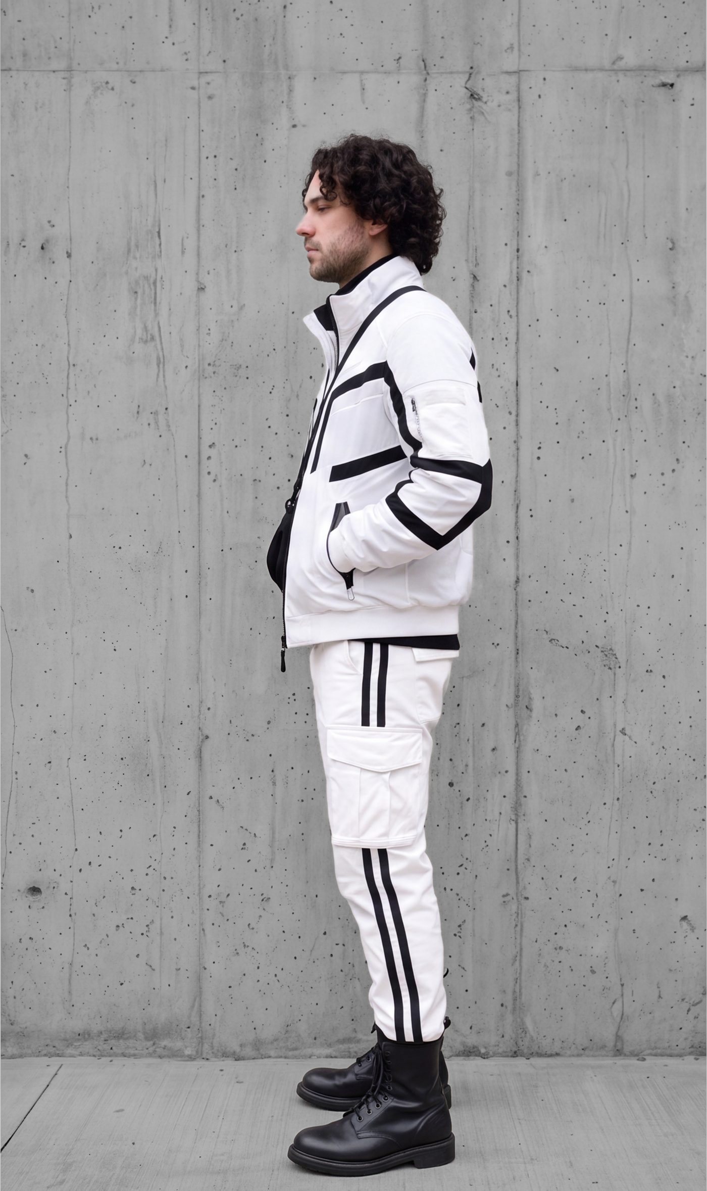 The set in profile, taped seams tracking down the sleeve and leg