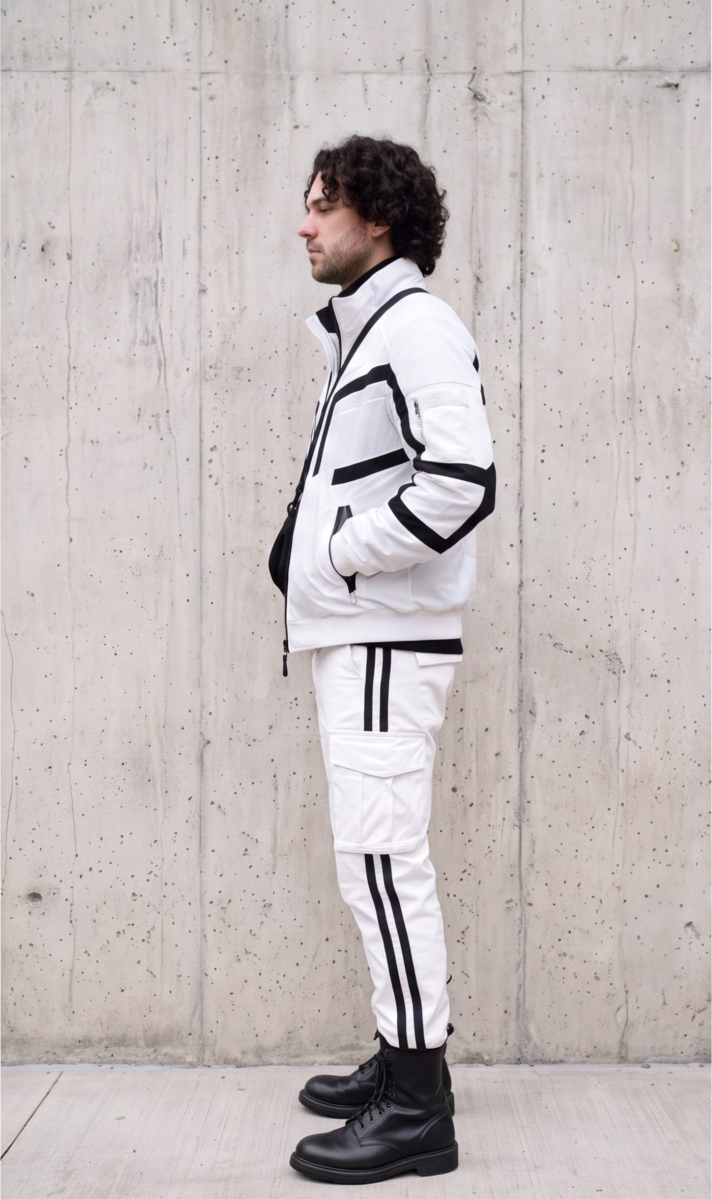 The set in profile, taped seams tracking down the sleeve and leg