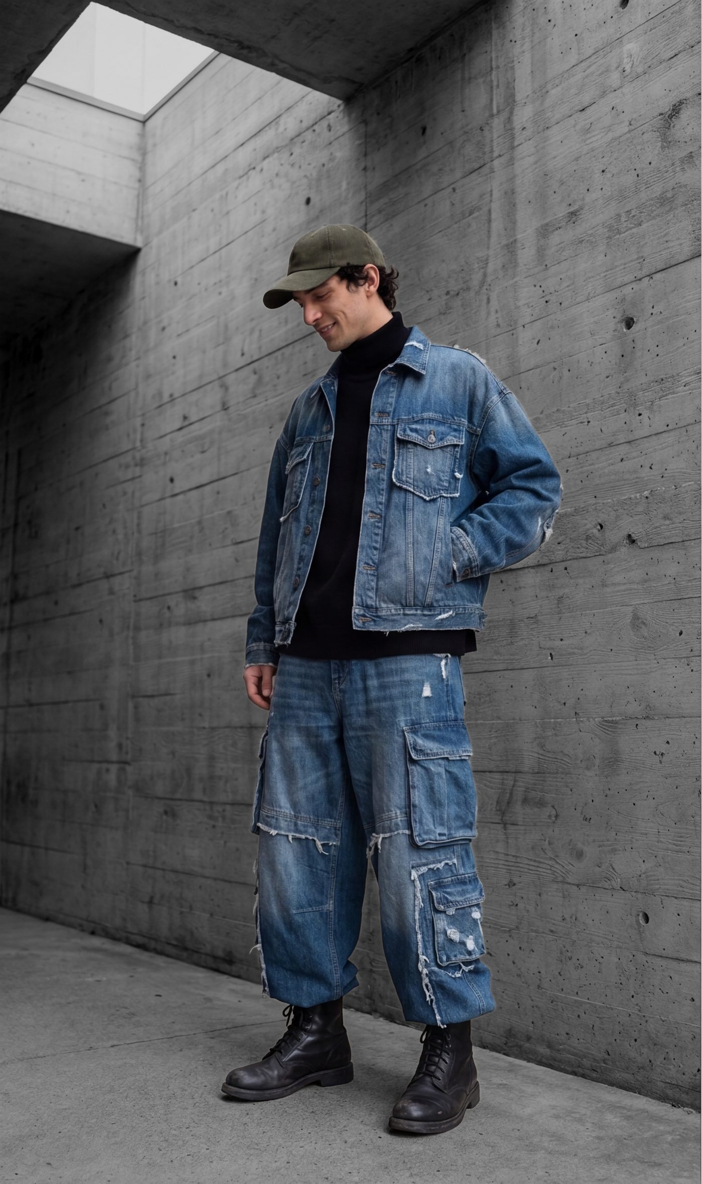Distressed denim trucker jacket worn over wide cargo jeans