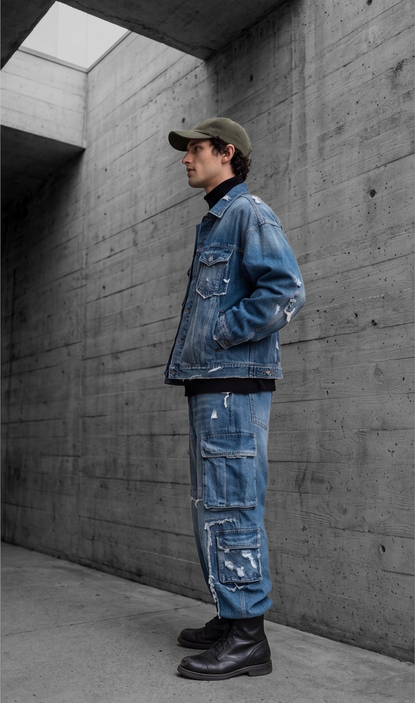 The denim set in profile, cargo pockets and repairs visible
