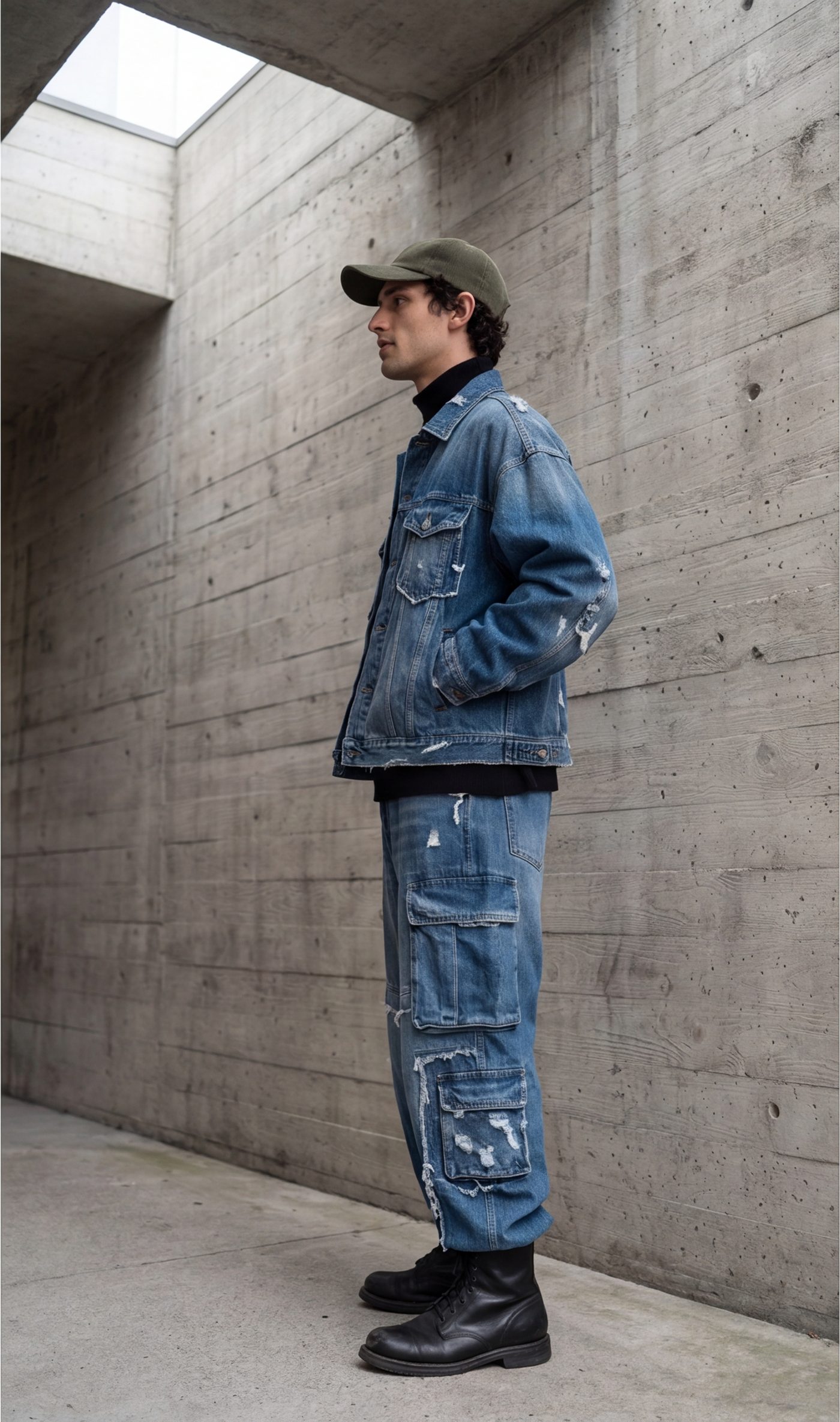 The denim set in profile, cargo pockets and repairs visible