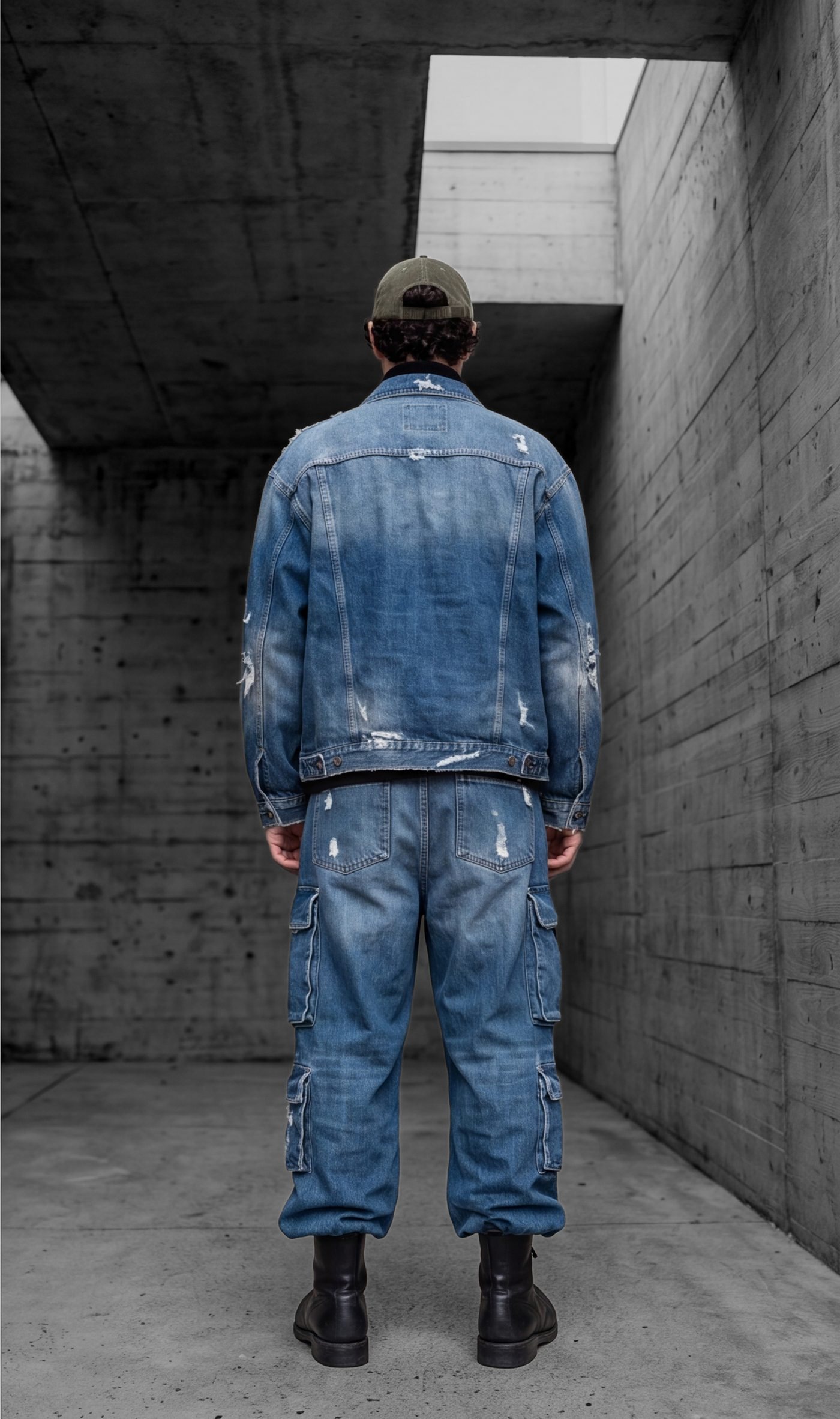The set from behind, jacket yoke and jean seat in full view