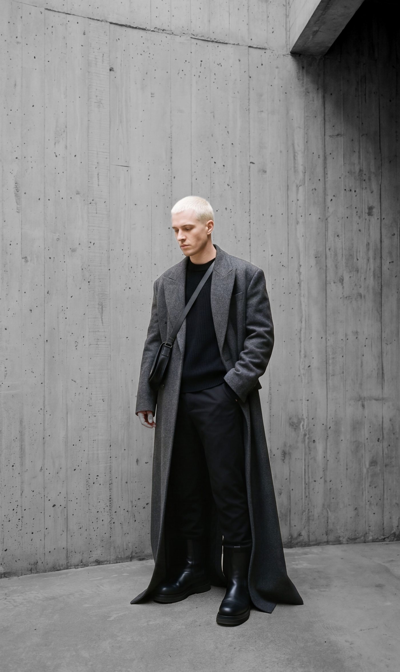 Floor-length grey wool overcoat worn open over black knit and trousers