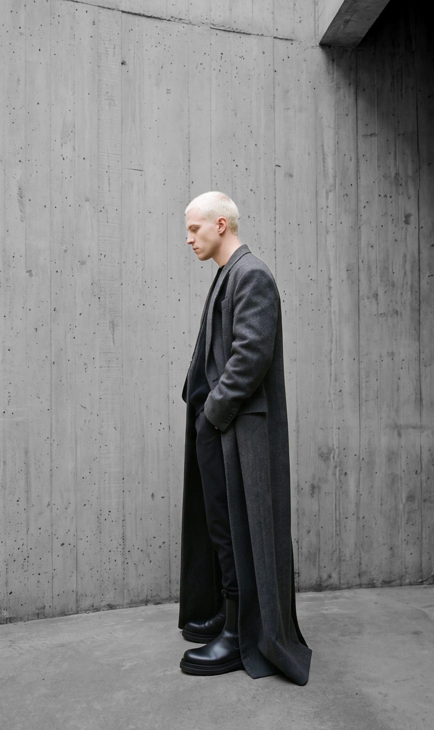 The coat in profile, the hem breaking onto the concrete floor