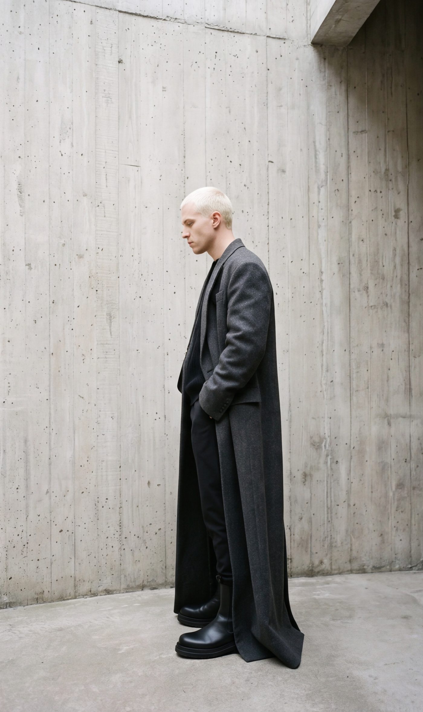 The coat in profile, the hem breaking onto the concrete floor