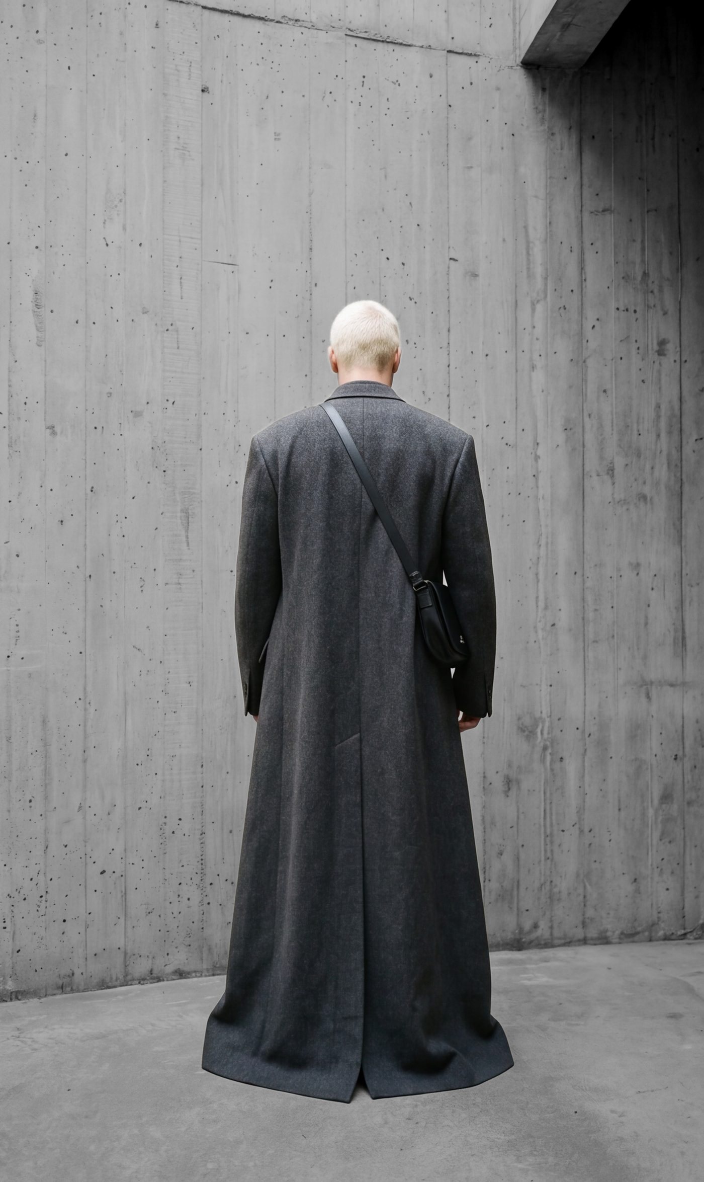 The coat from behind, back seam running unbroken to the floor