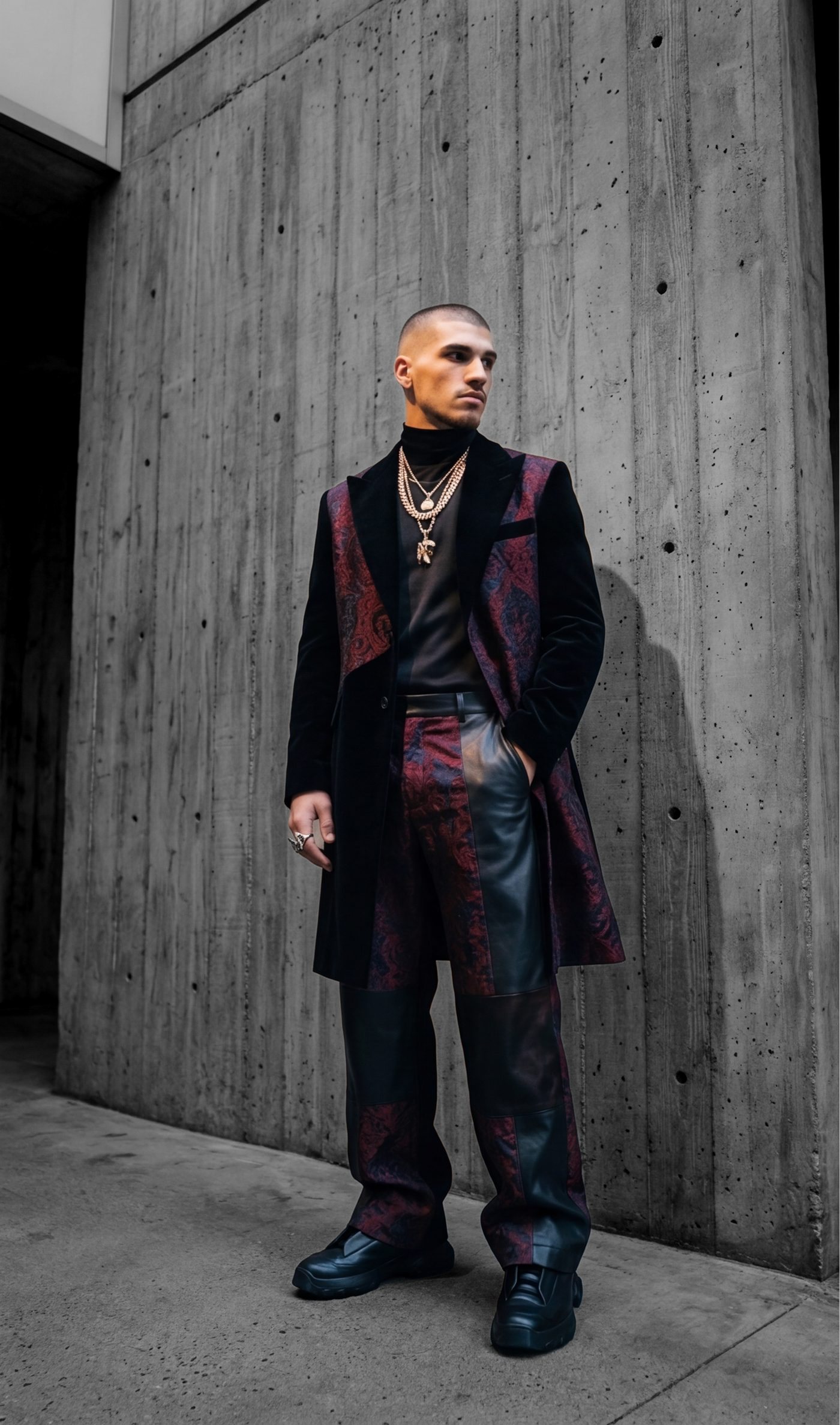 Black velvet and burgundy brocade patchwork coat over leather trousers