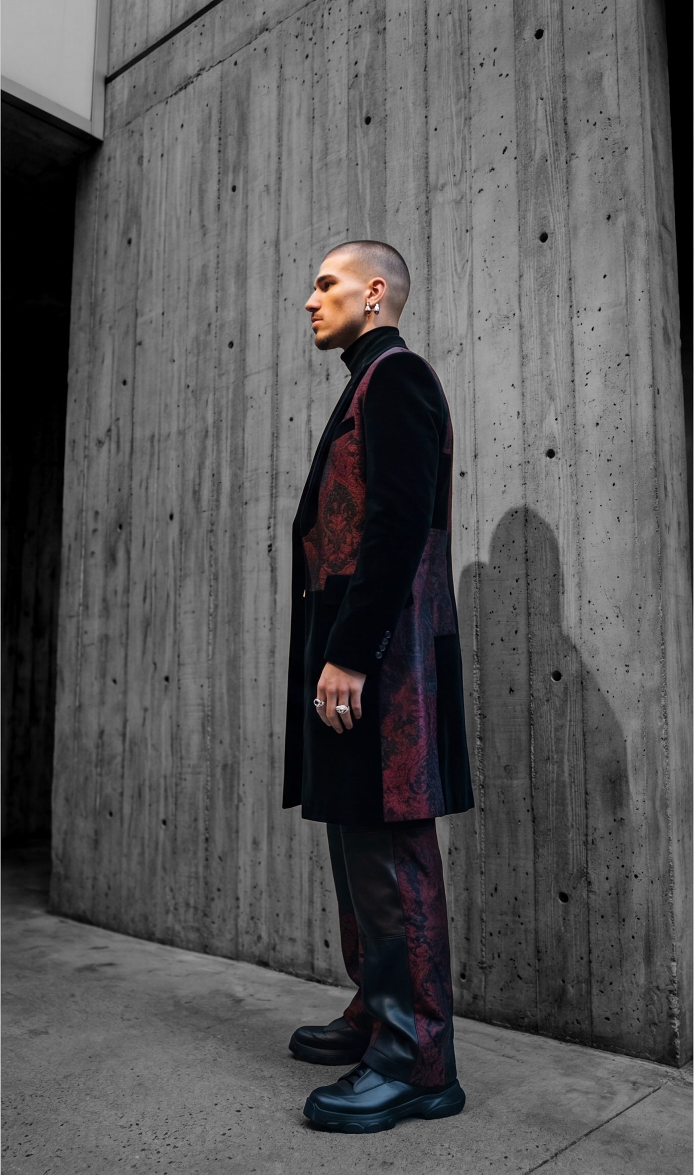 The coat in profile, brocade panels breaking across the velvet
