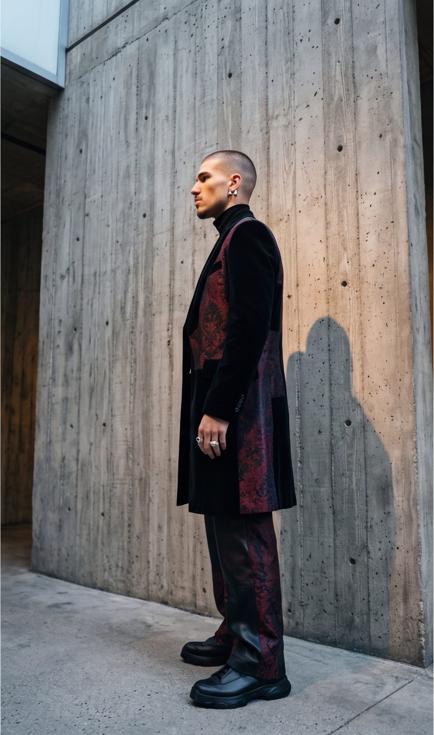 The coat in profile, brocade panels breaking across the velvet