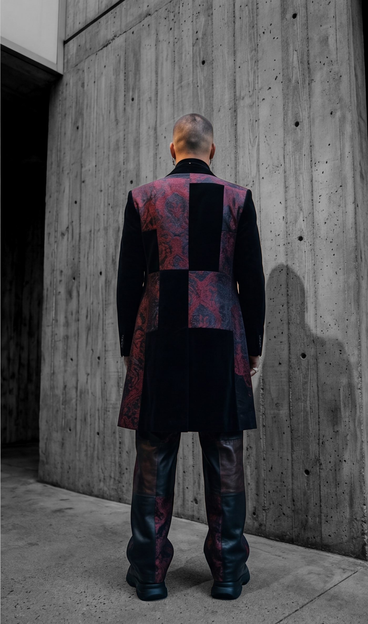 The coat from behind, the patchwork blocked square across the back