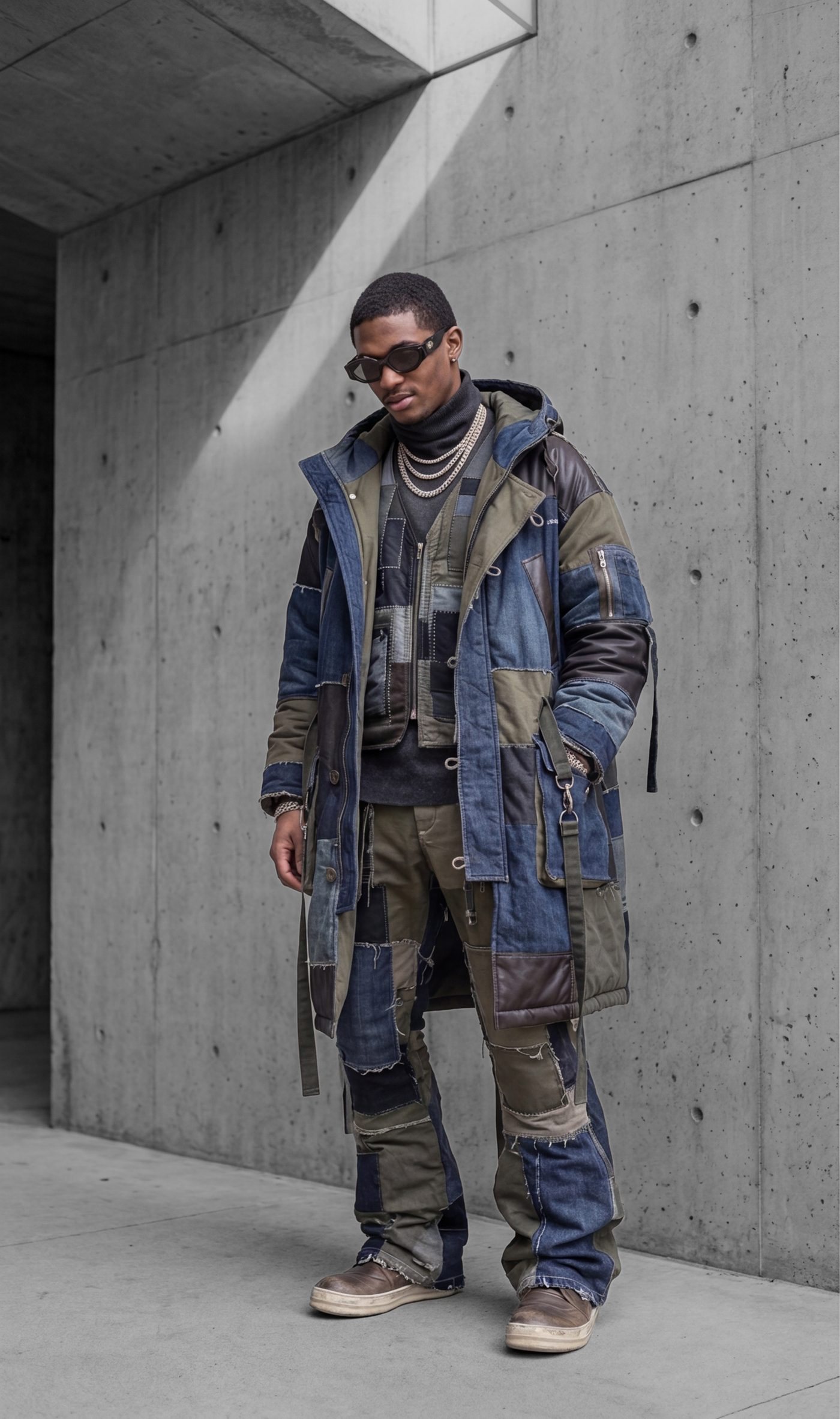 Patchwork denim and canvas hooded parka worn open with straps hanging