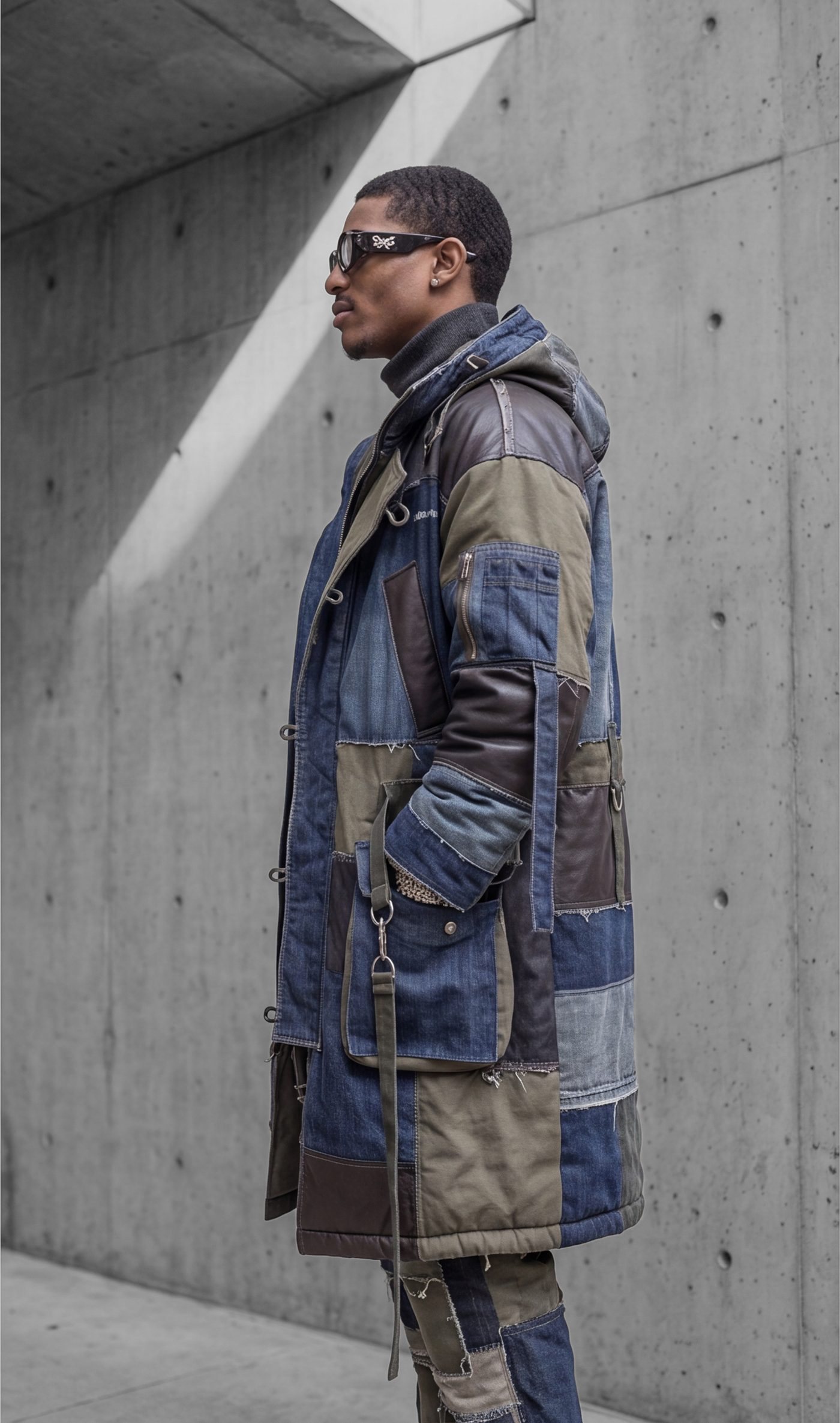 The parka in profile, hood and panel construction visible