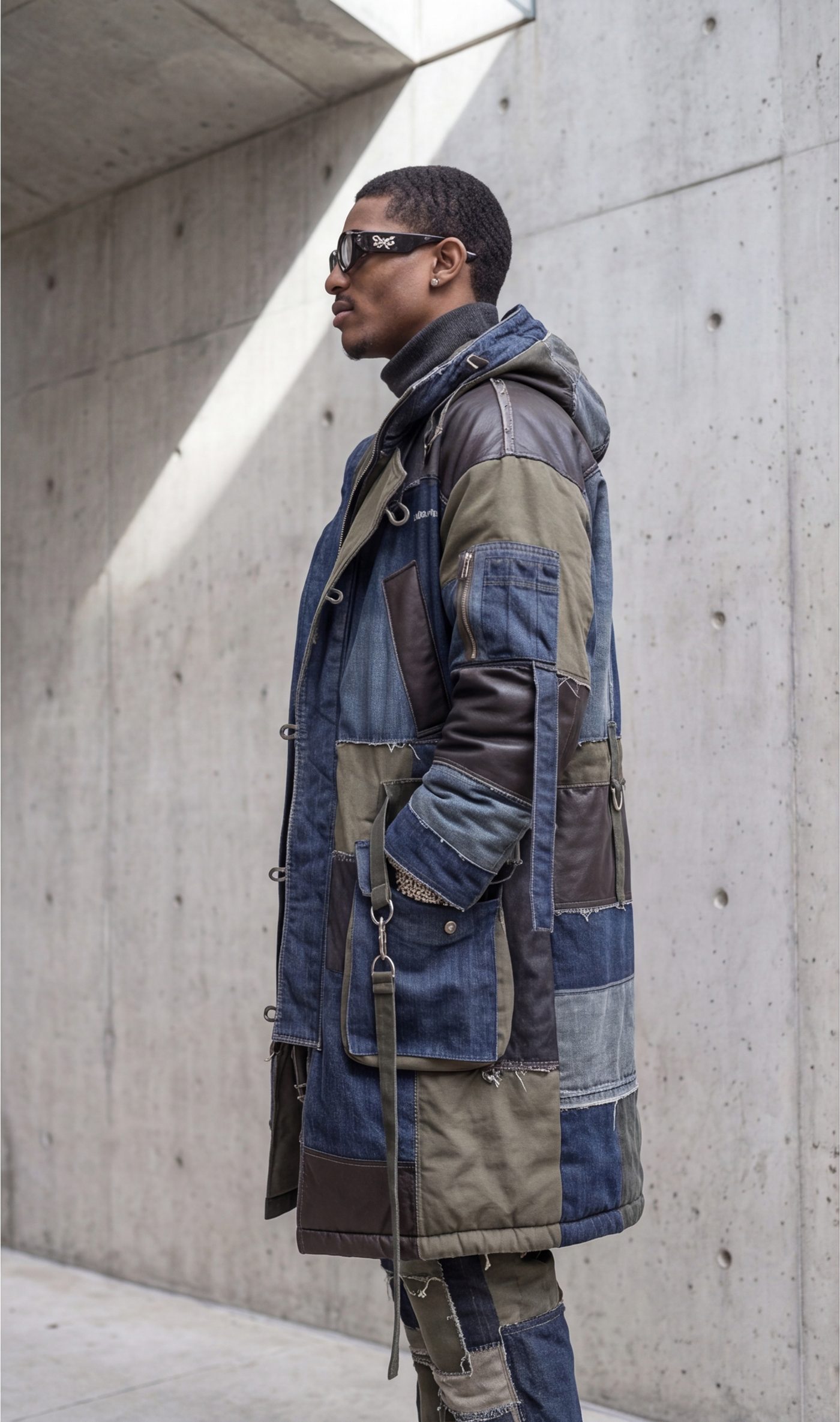 The parka in profile, hood and panel construction visible
