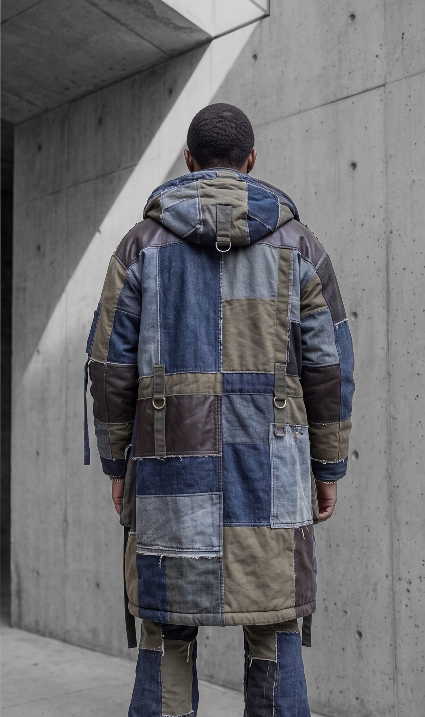 The parka from behind, the full patchwork field across the back