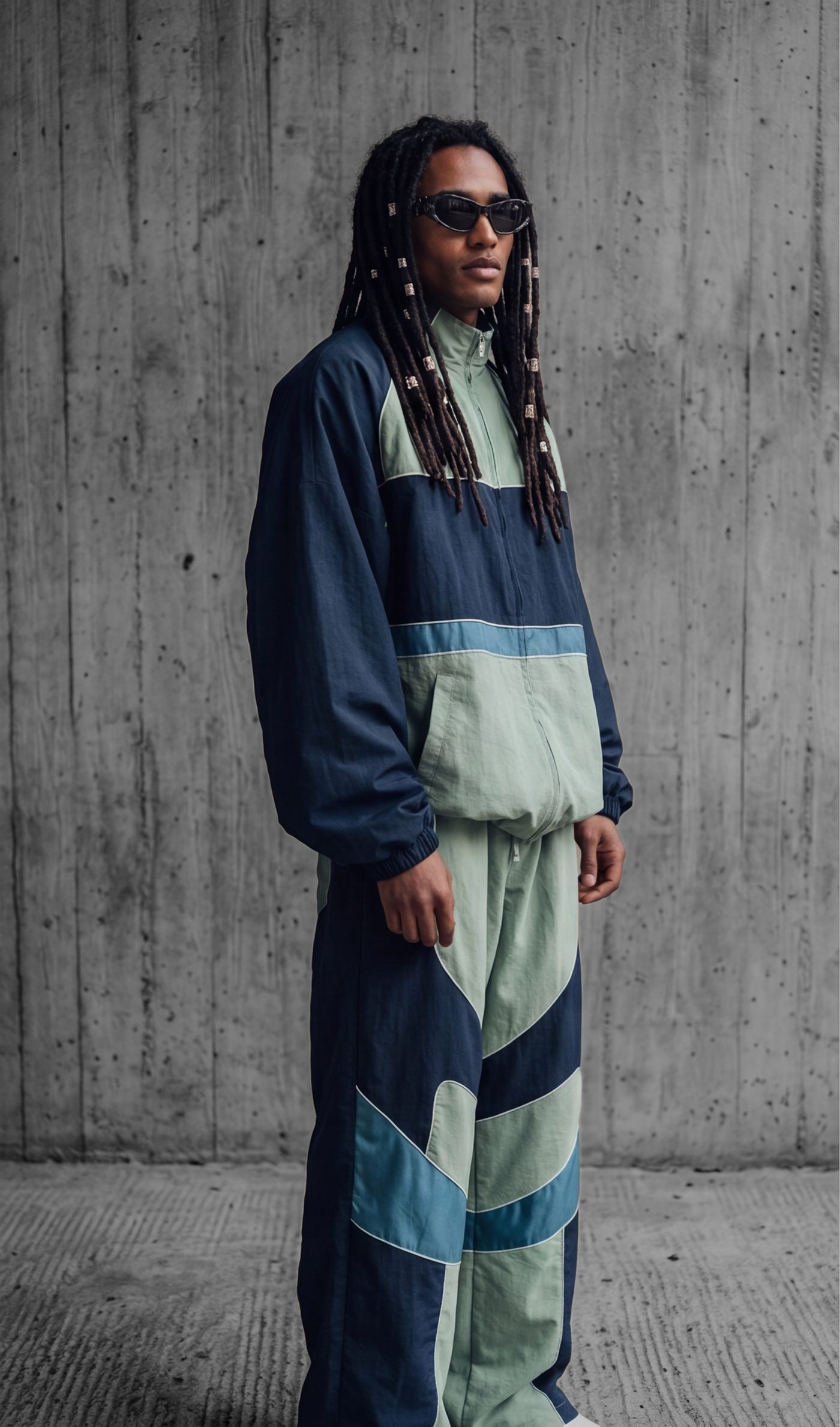 Navy and sage panelled nylon tracksuit worn zipped