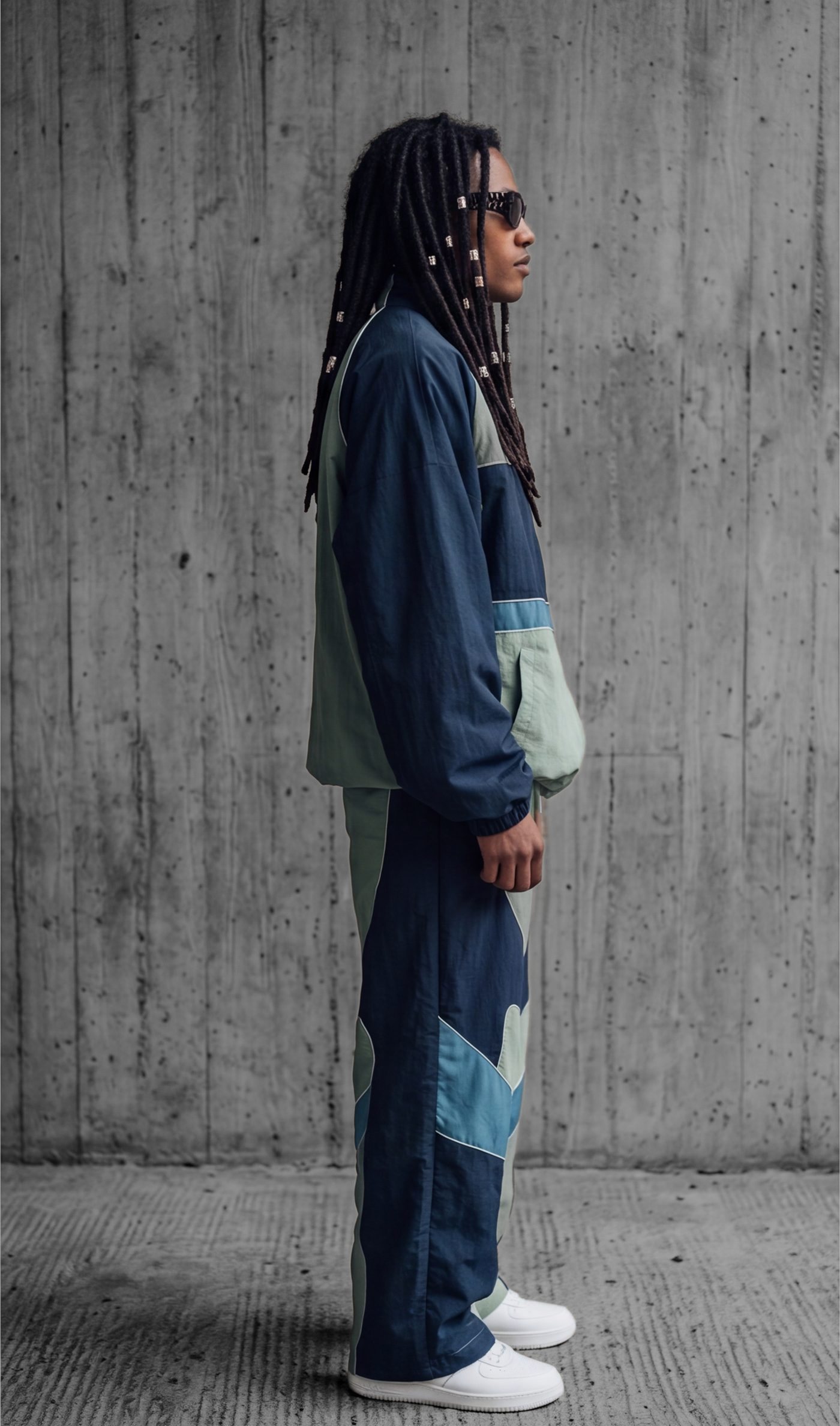The tracksuit in profile against a concrete wall