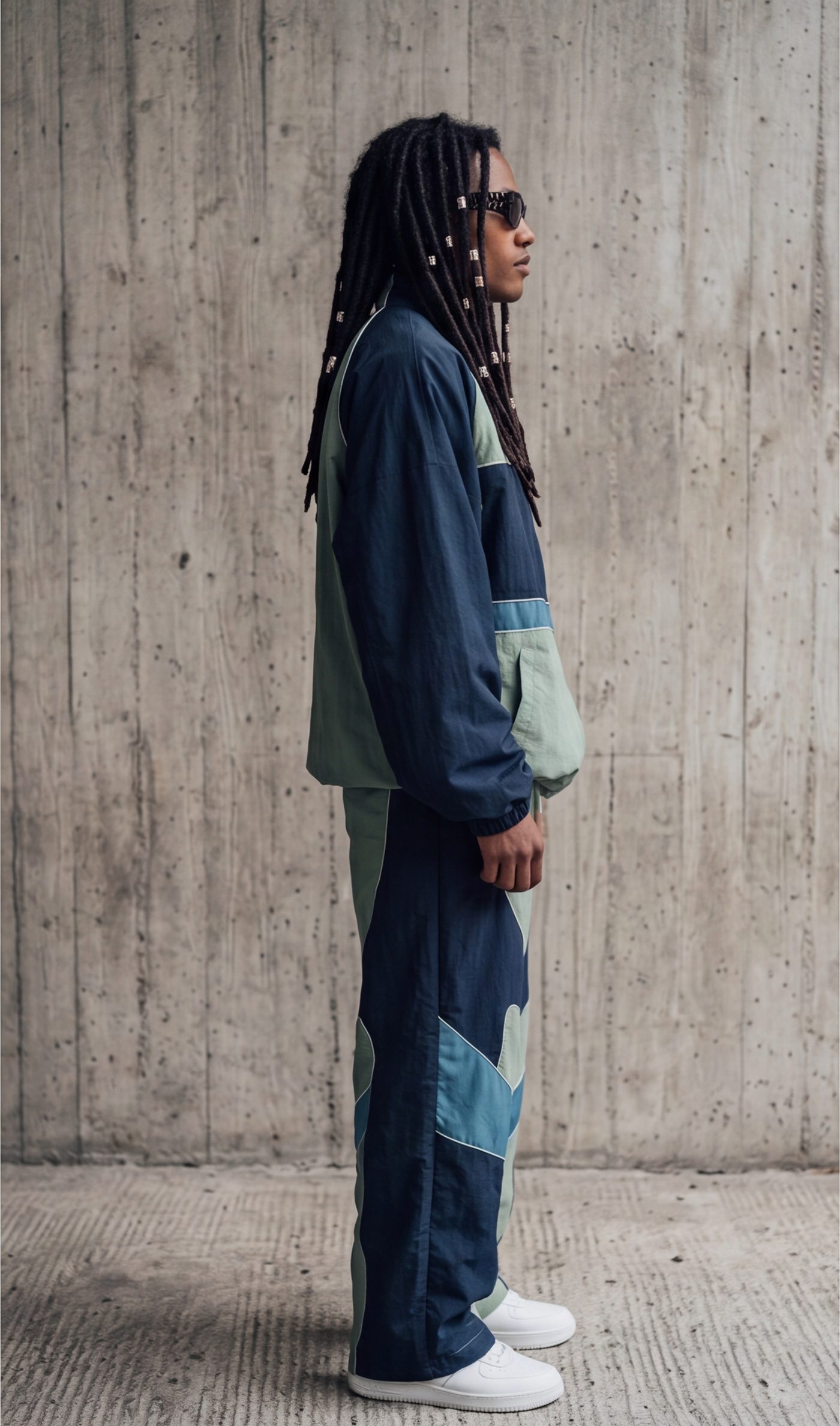 The tracksuit in profile against a concrete wall