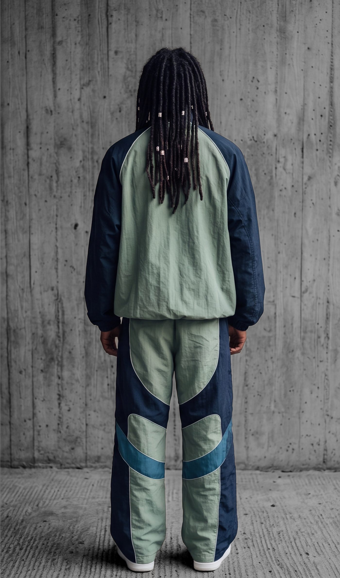 The tracksuit from behind, curved panel seams across the legs