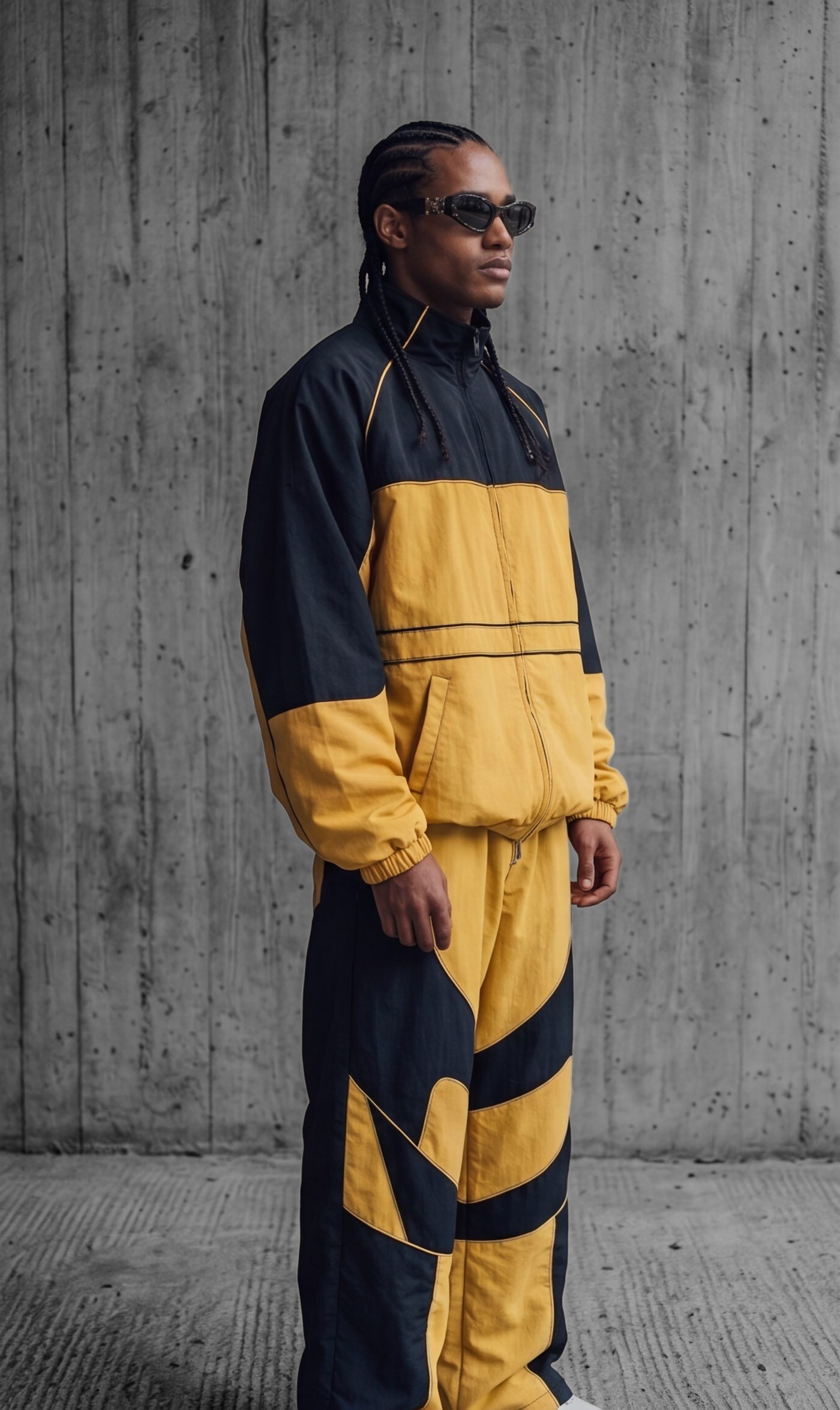 Hazard yellow and black panelled nylon tracksuit worn zipped
