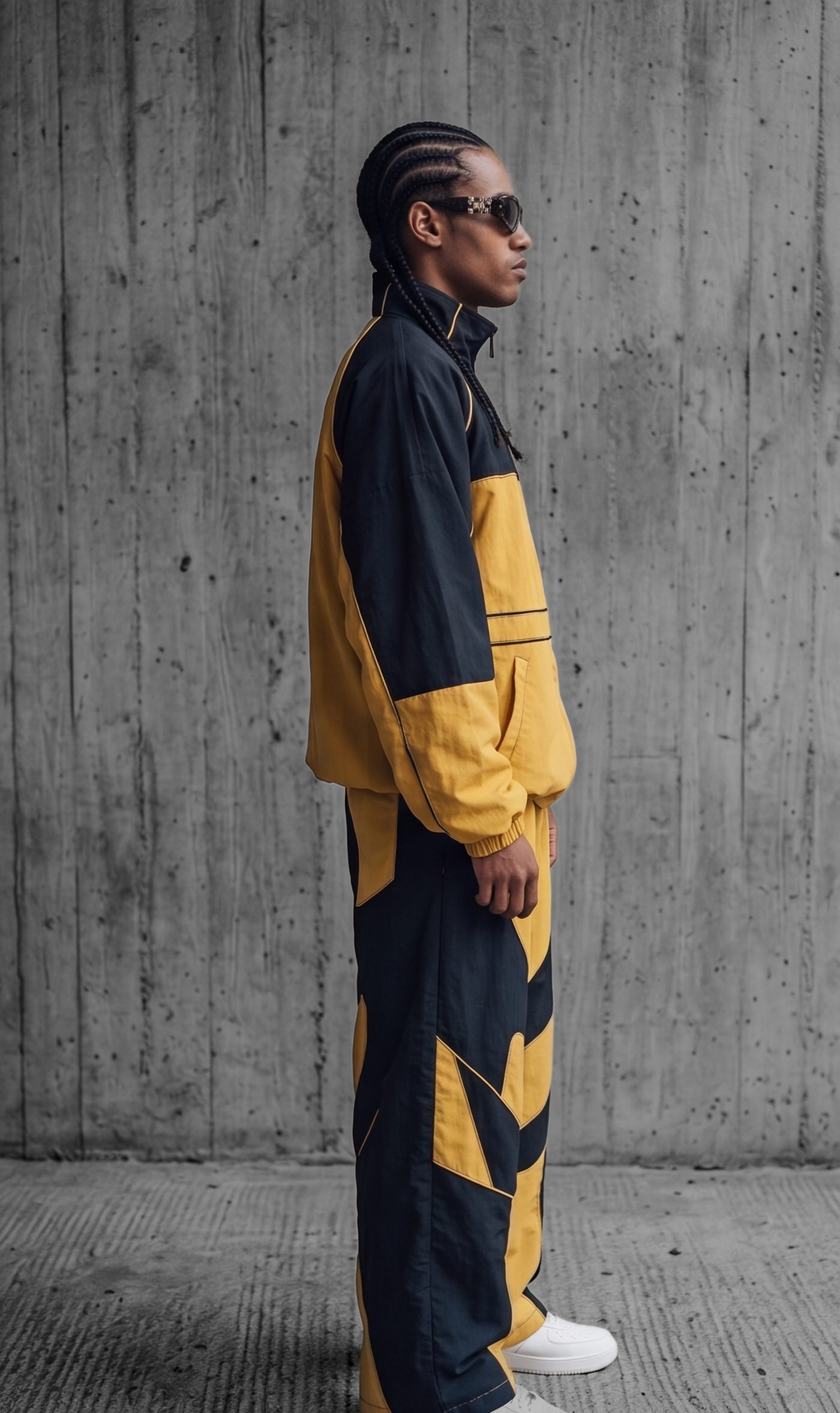 The tracksuit in profile, panel line running the length of the leg