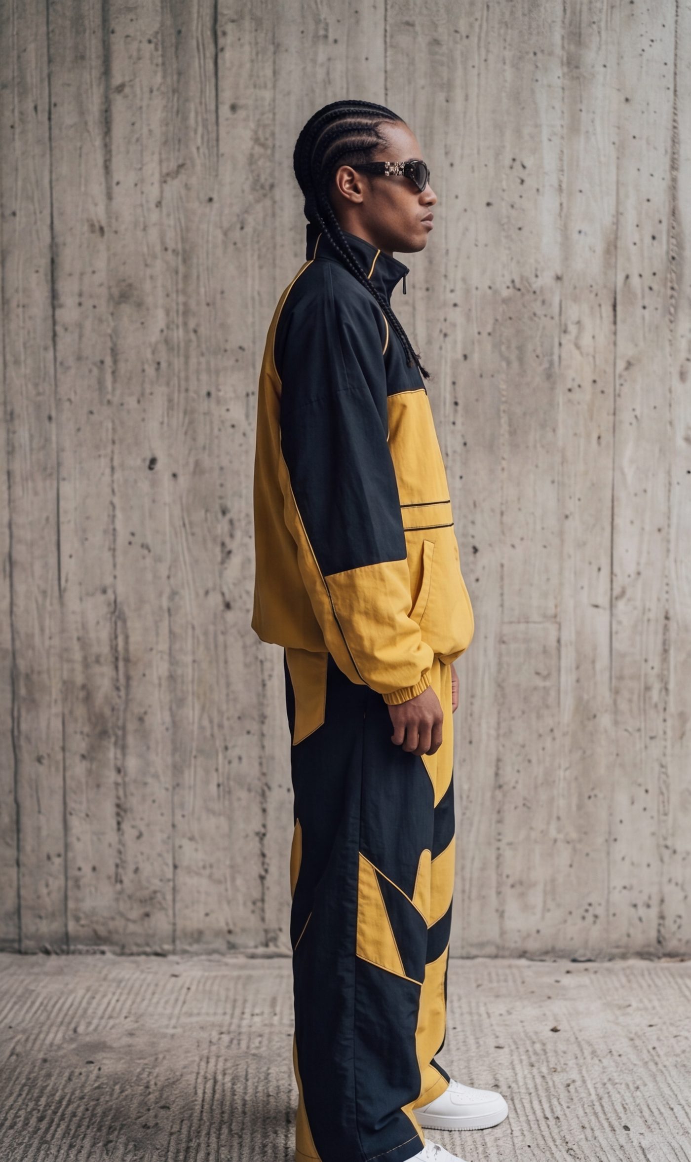 The tracksuit in profile, panel line running the length of the leg