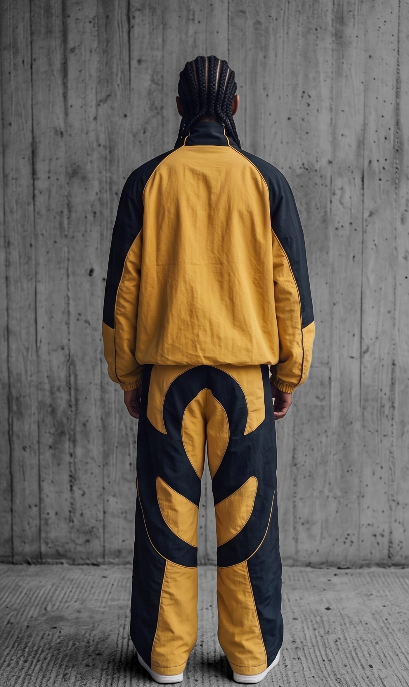 The tracksuit from behind, the curved yellow field across both legs