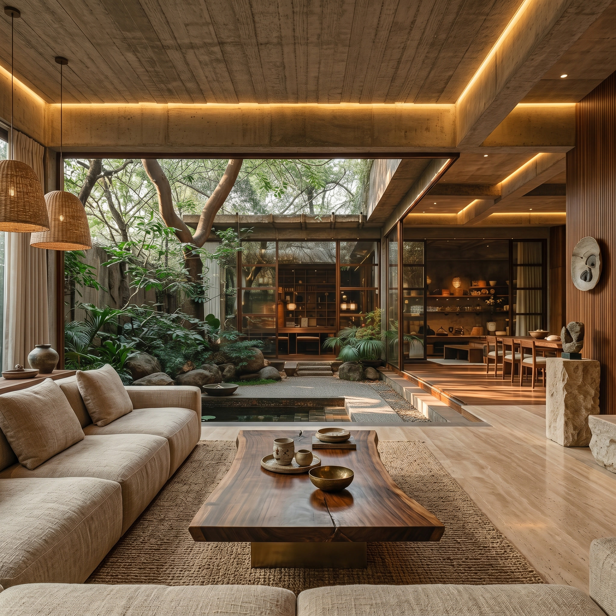 Luxury natural interior — concrete, timber, living trees, water