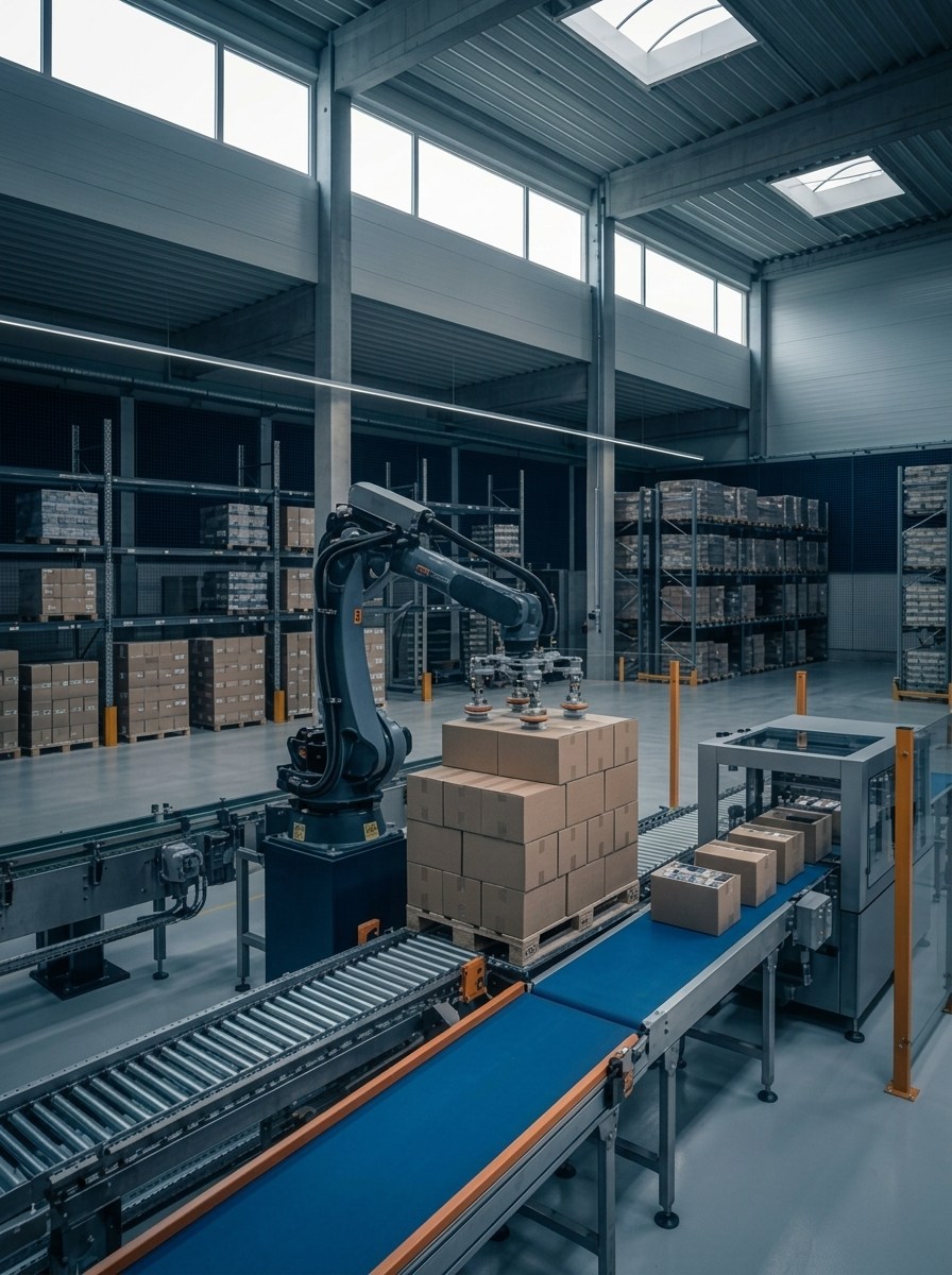 Palettierzelle am Ende der Linie: ein Roboter stapelt Kartons auf eine Palette, dahinter das Hochregallager.