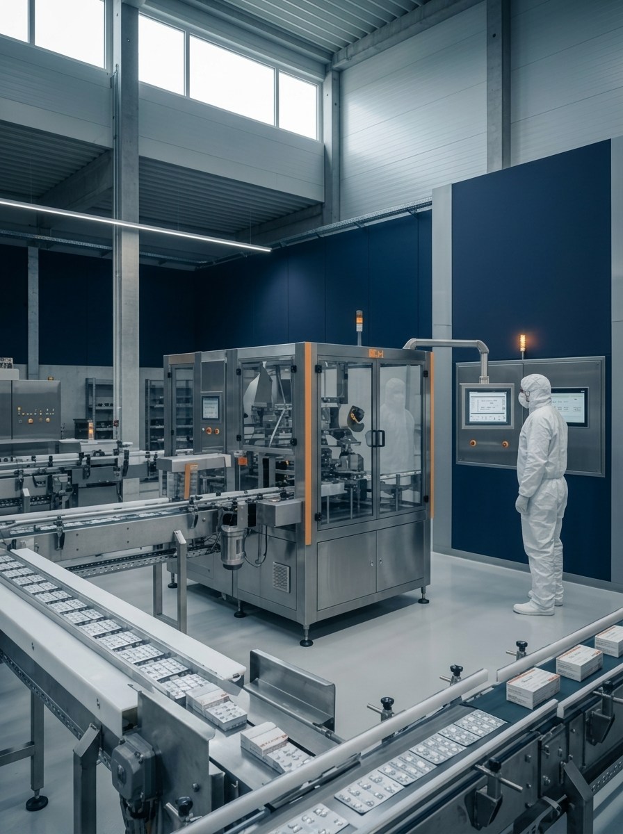 Reinraumbereich: eine Mitarbeiterin im Schutzanzug am Bedienpanel einer Verpackungsmaschine, davor Faltschachteln auf dem Band.