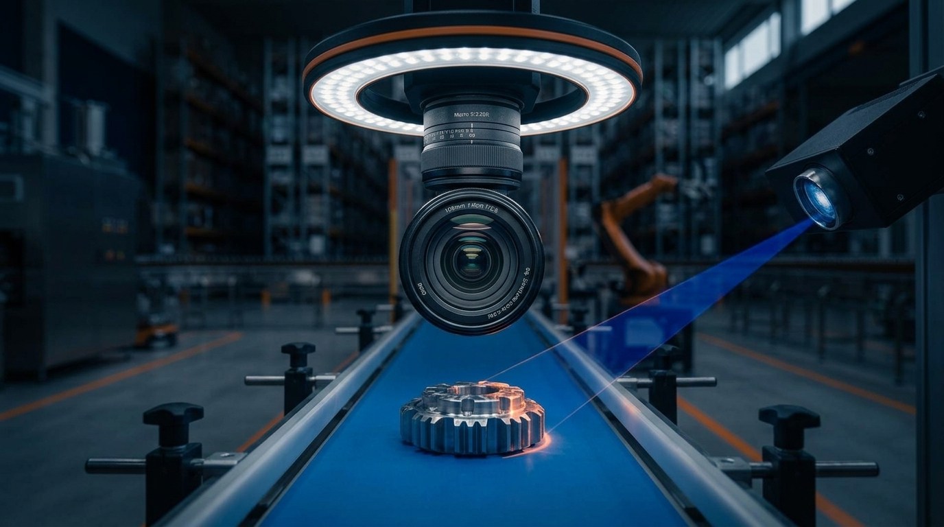 Prüfstation über dem blauen Band: eine Kamera mit LED-Ringlicht erfasst ein Zahnrad von oben, von rechts trifft ein blauer Laserfächer auf das Werkstück.